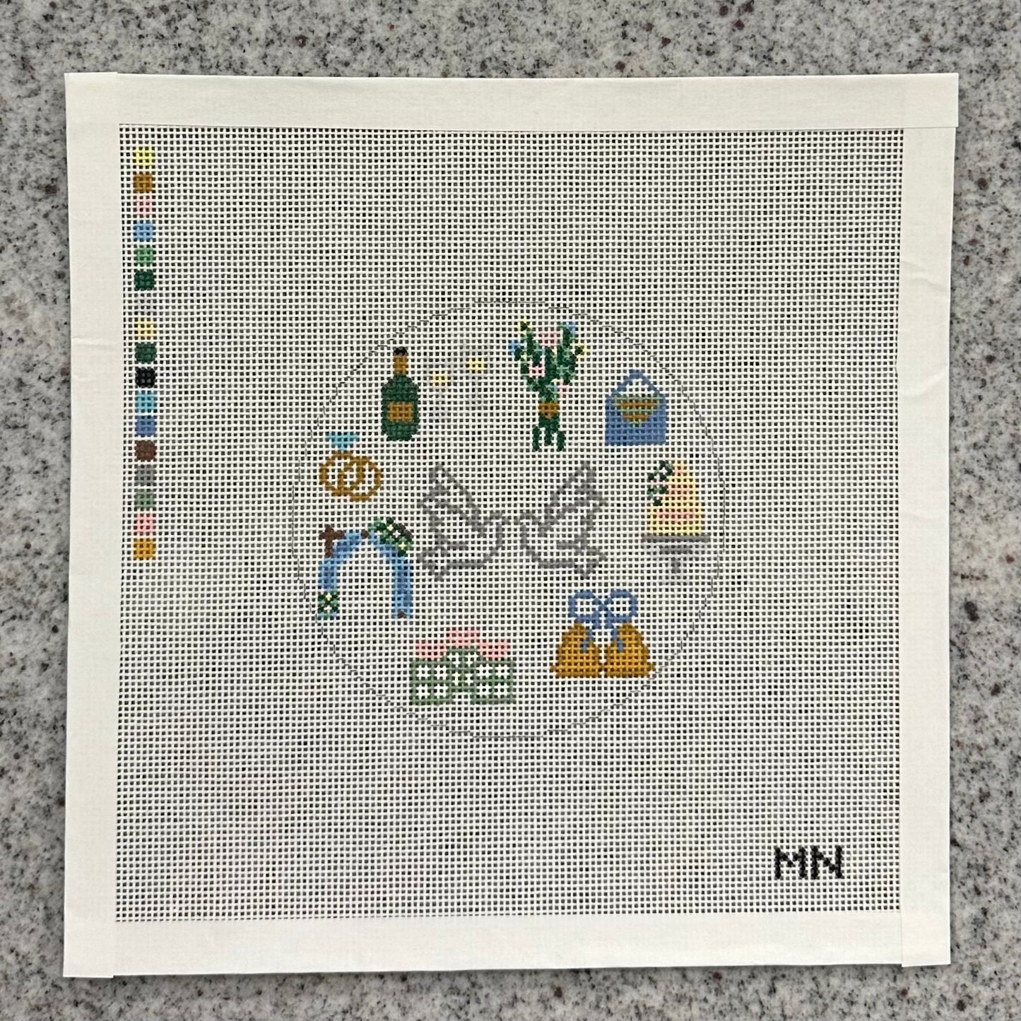 Kissing Doves & Wedding Motifs 4” Round Needlepoint Canvas