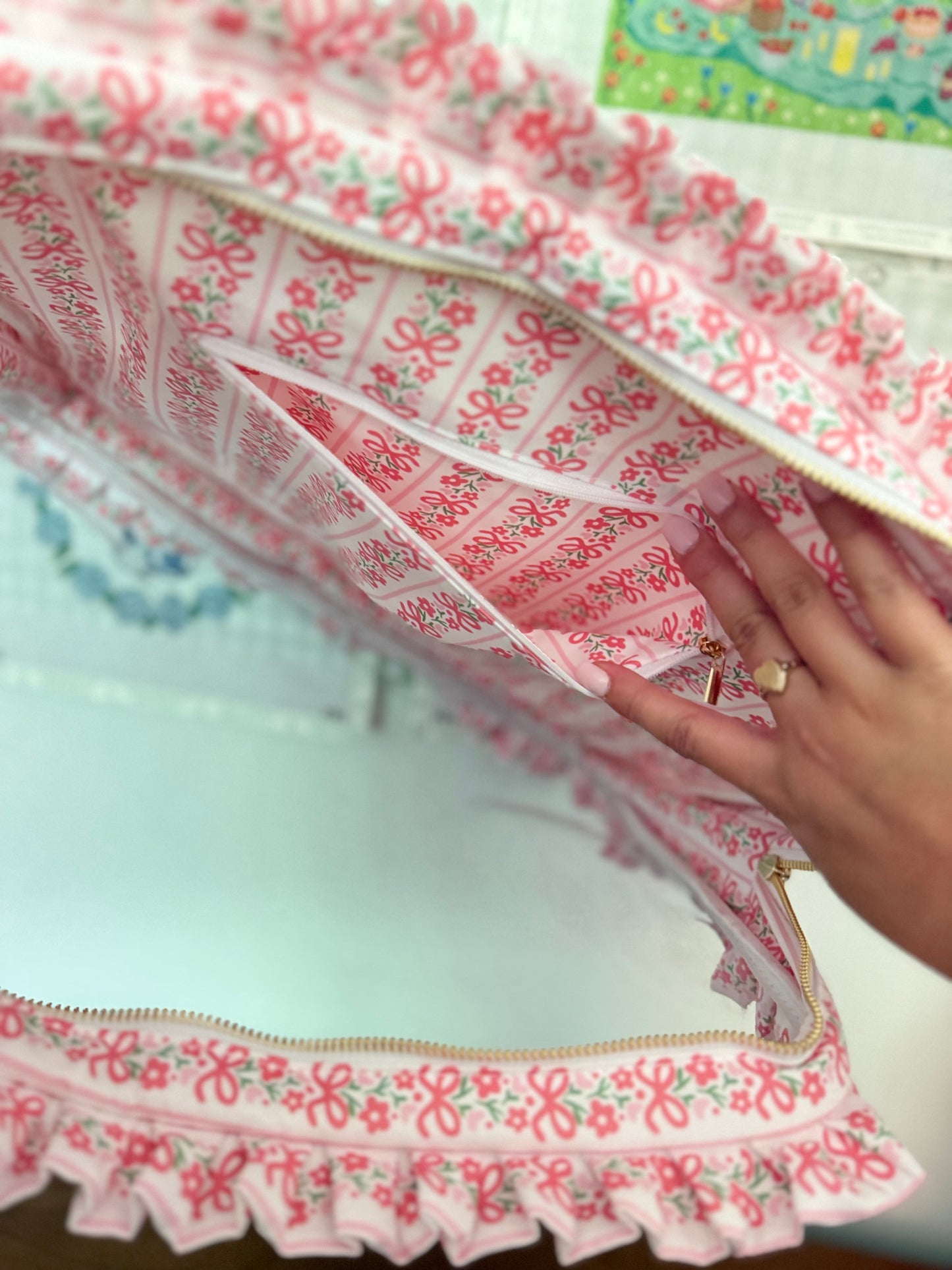 Pink Bow Floral Ruffle Carryall Project Bag