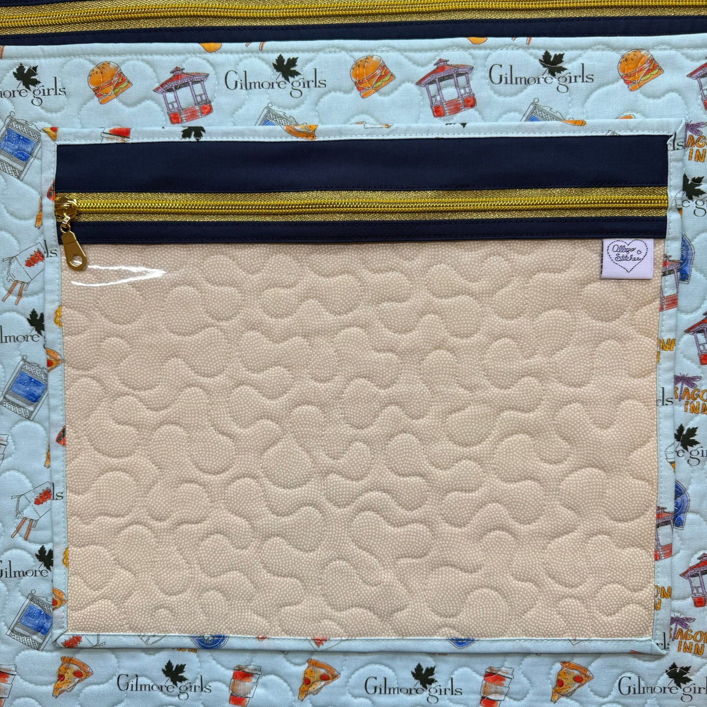 Small Town Motif Project Bag Tan Polka Dot Lining
