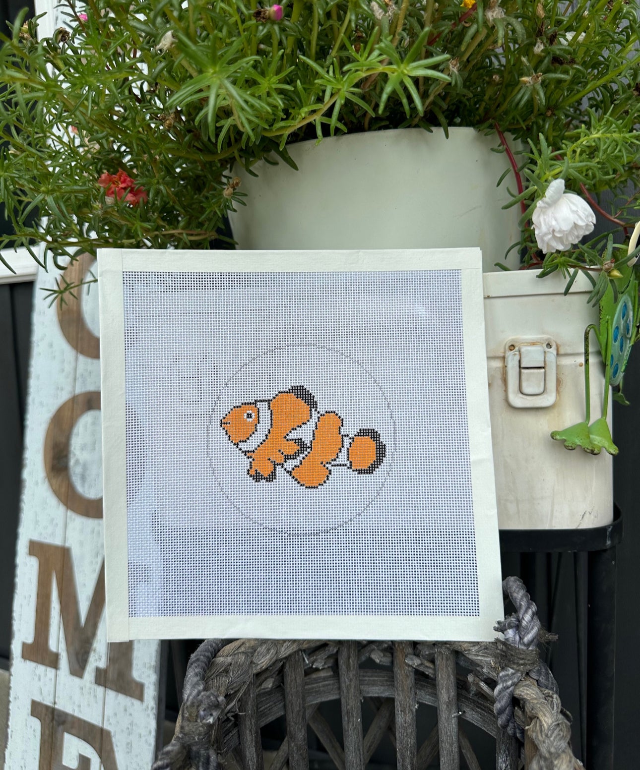 Orange Clown Fish Nemo Needlepoint Canvas 4” Round Hand Painted on 18 Count Mesh