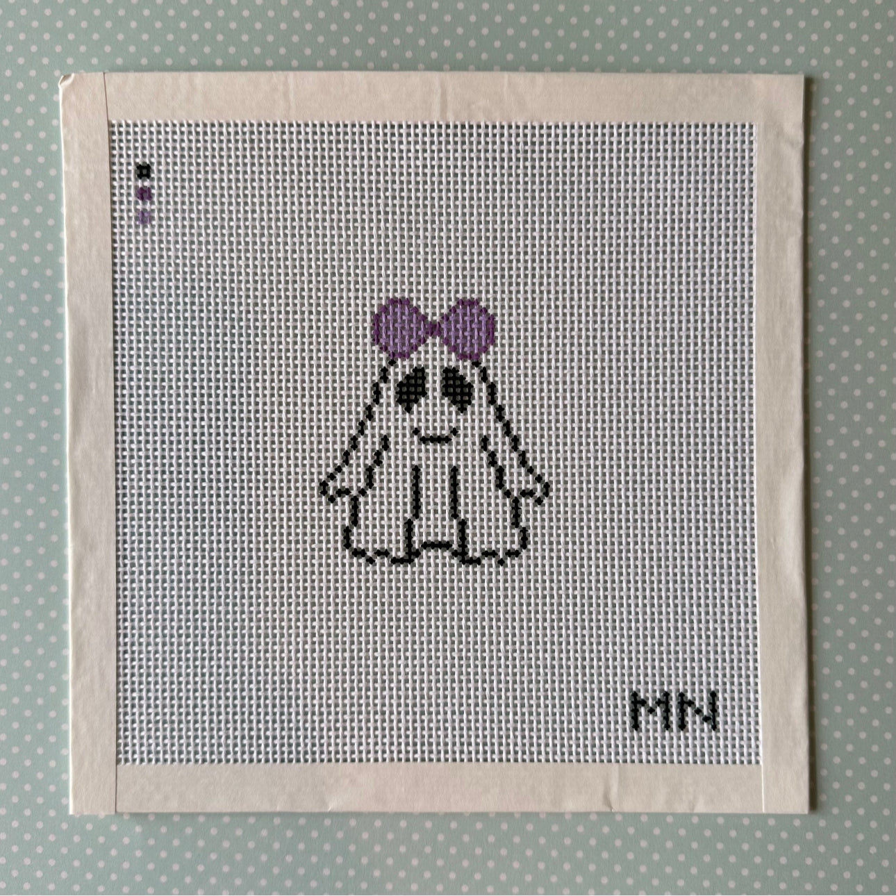 Ghost with Purple Bow Hand Painted Needlepoint Canvas on 13 Count Canvas