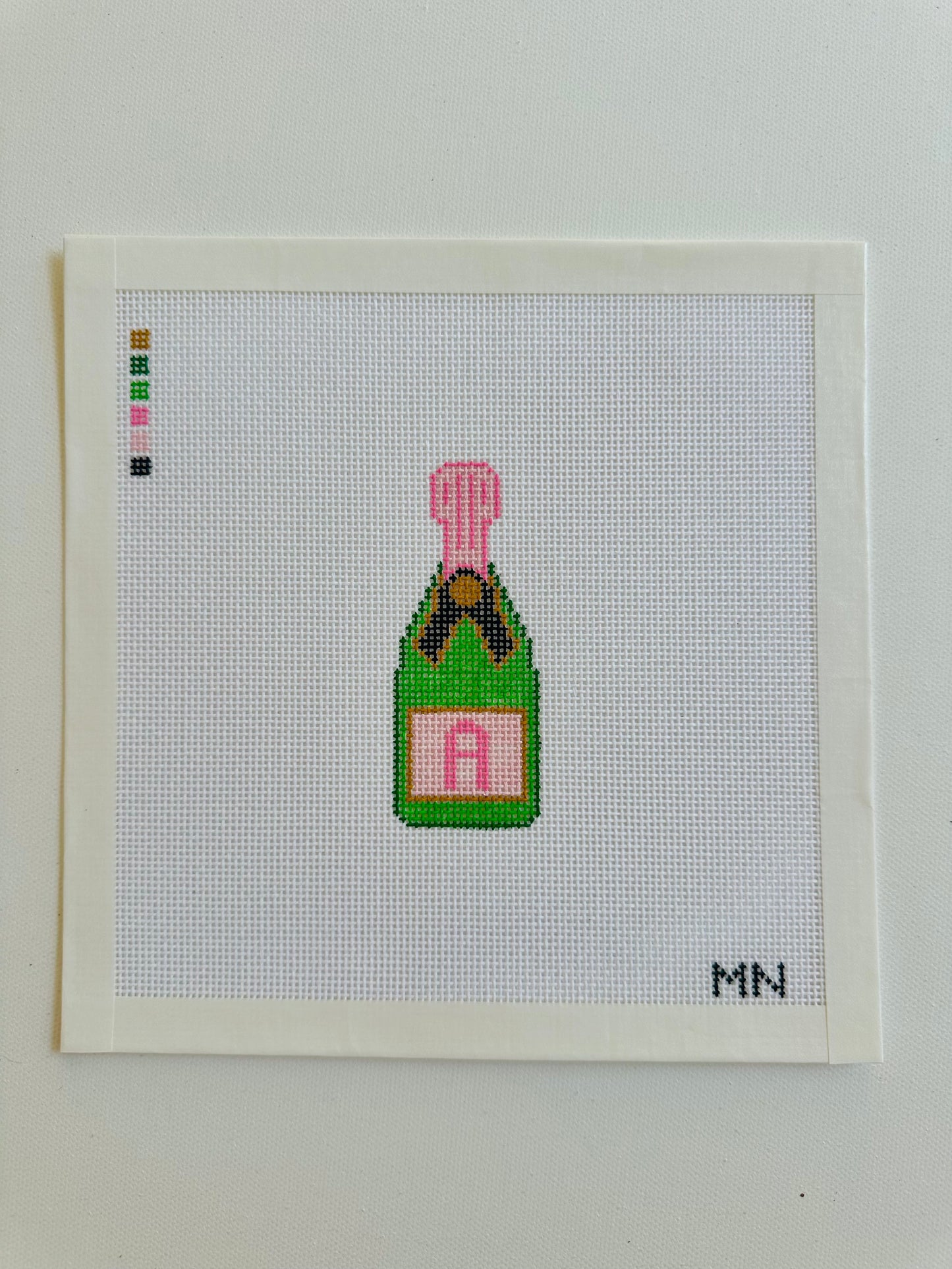 Initial Champage Bottle Pink Label Needlepoint Canvas