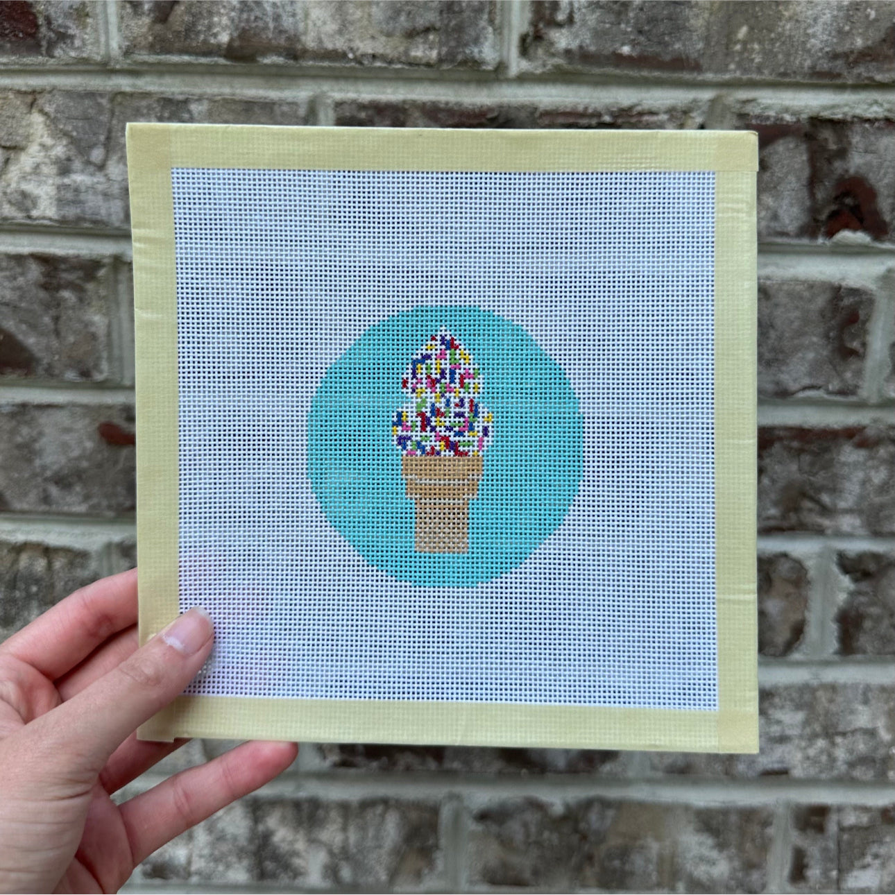 Confetti Sprinkles Ice Cream Cone Handpainted Needlepoint Canvas 3” Round on 18 Count Canvas