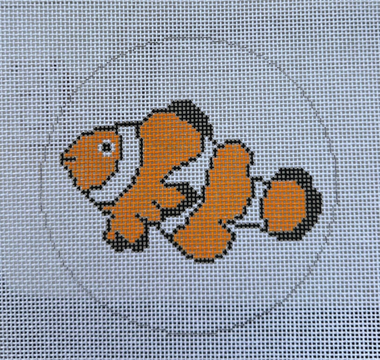 Orange Clown Fish Nemo Needlepoint Canvas 4” Round Hand Painted on 18 Count Mesh