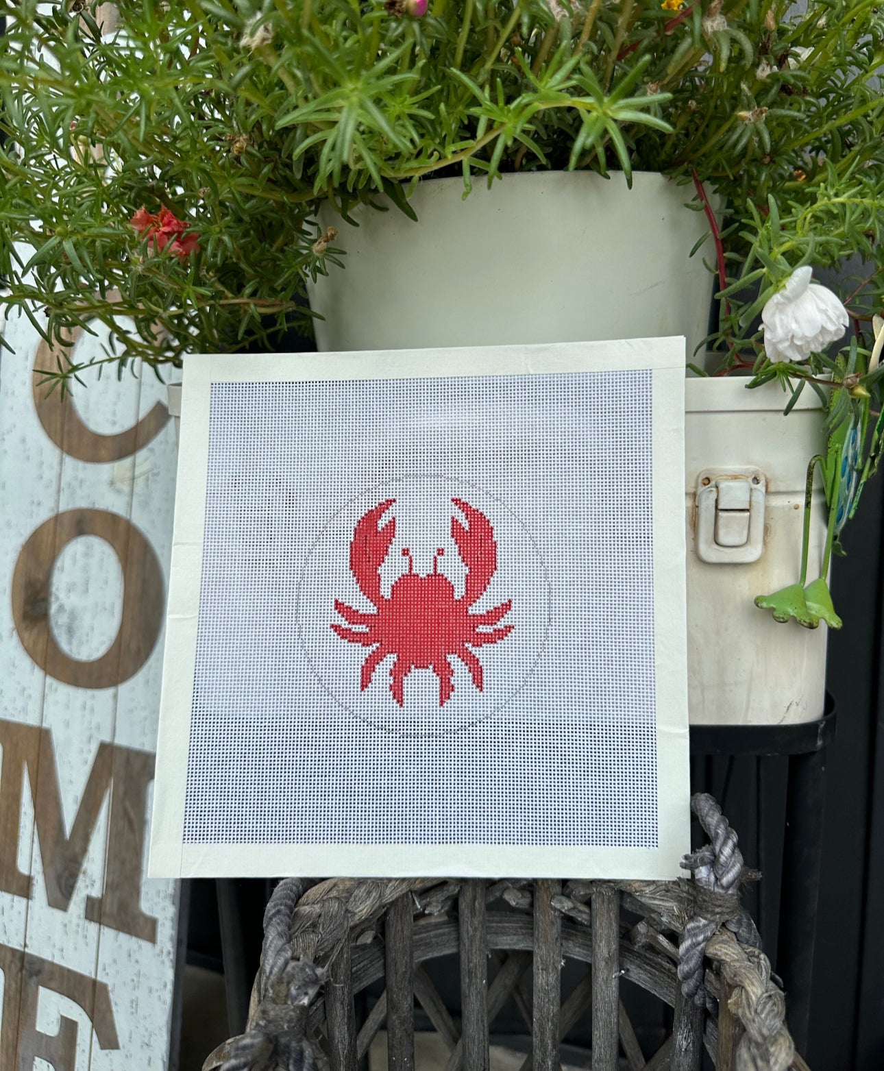 Red Crab Needlepoint Canvas 4” Round Hand Painted on 18 Count Mesh