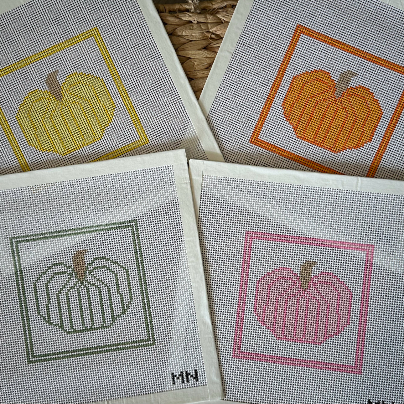 Pumpkins Bundle (4) 4” Square Hand Painted Needlepoint Canvas on 13 Count Canvas