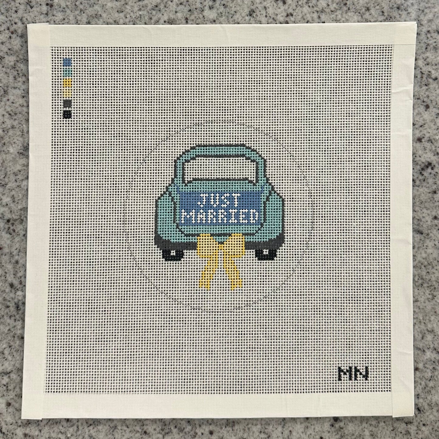 Just Married Teal Car Yellow Bow