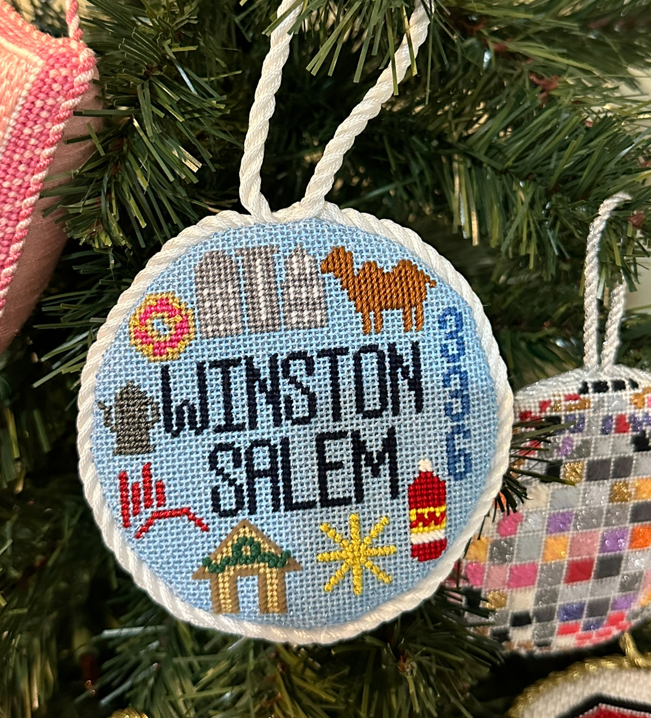 Winston Salem NC Travel Round Needlepoint Canvas 4” Round Hand Painted on 18 Count Mesh