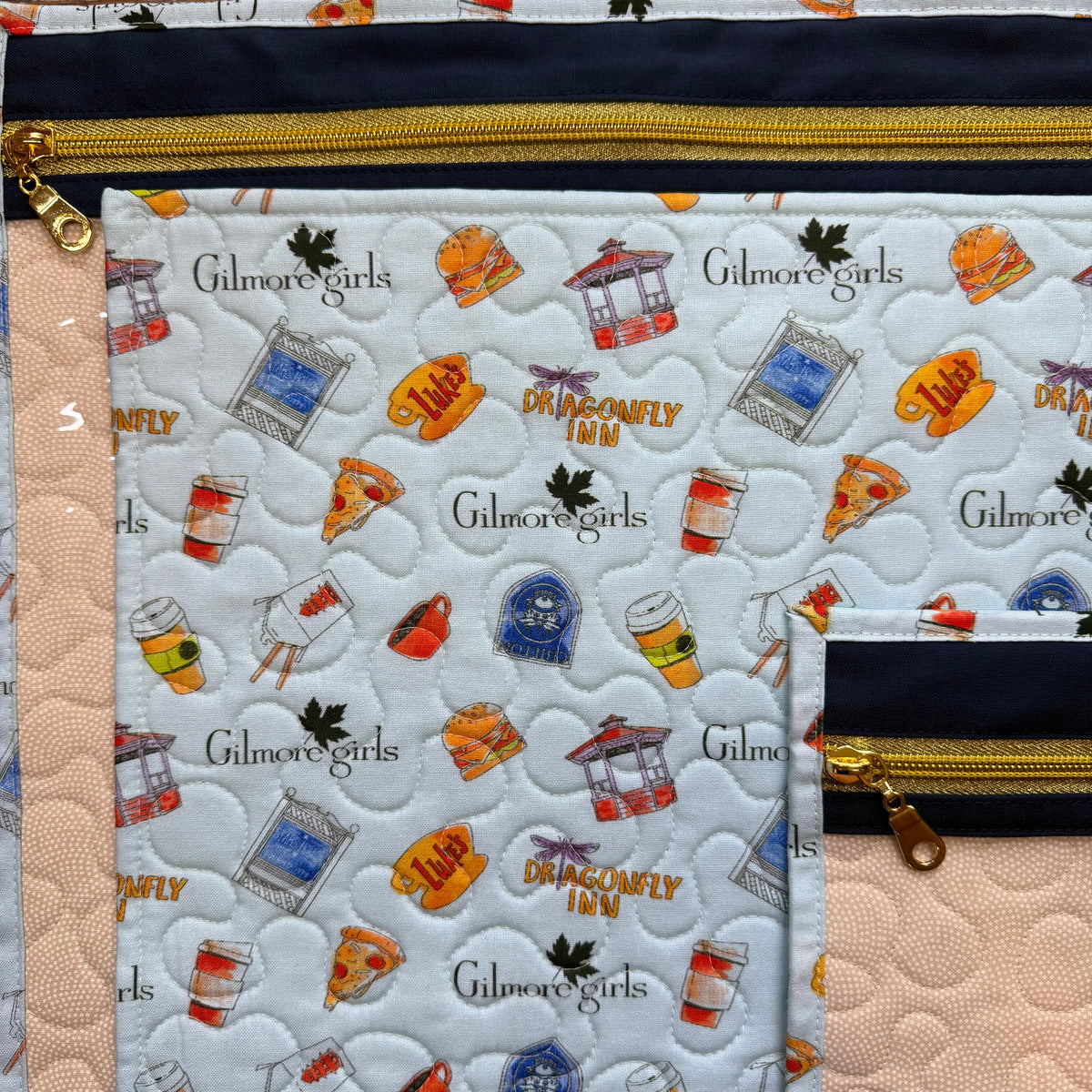 Small Town Motif Project Bag Tan Polka Dot Lining