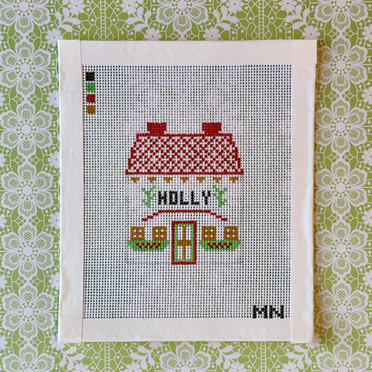 Holly Village House Hand Painted Needlepoint Canvas