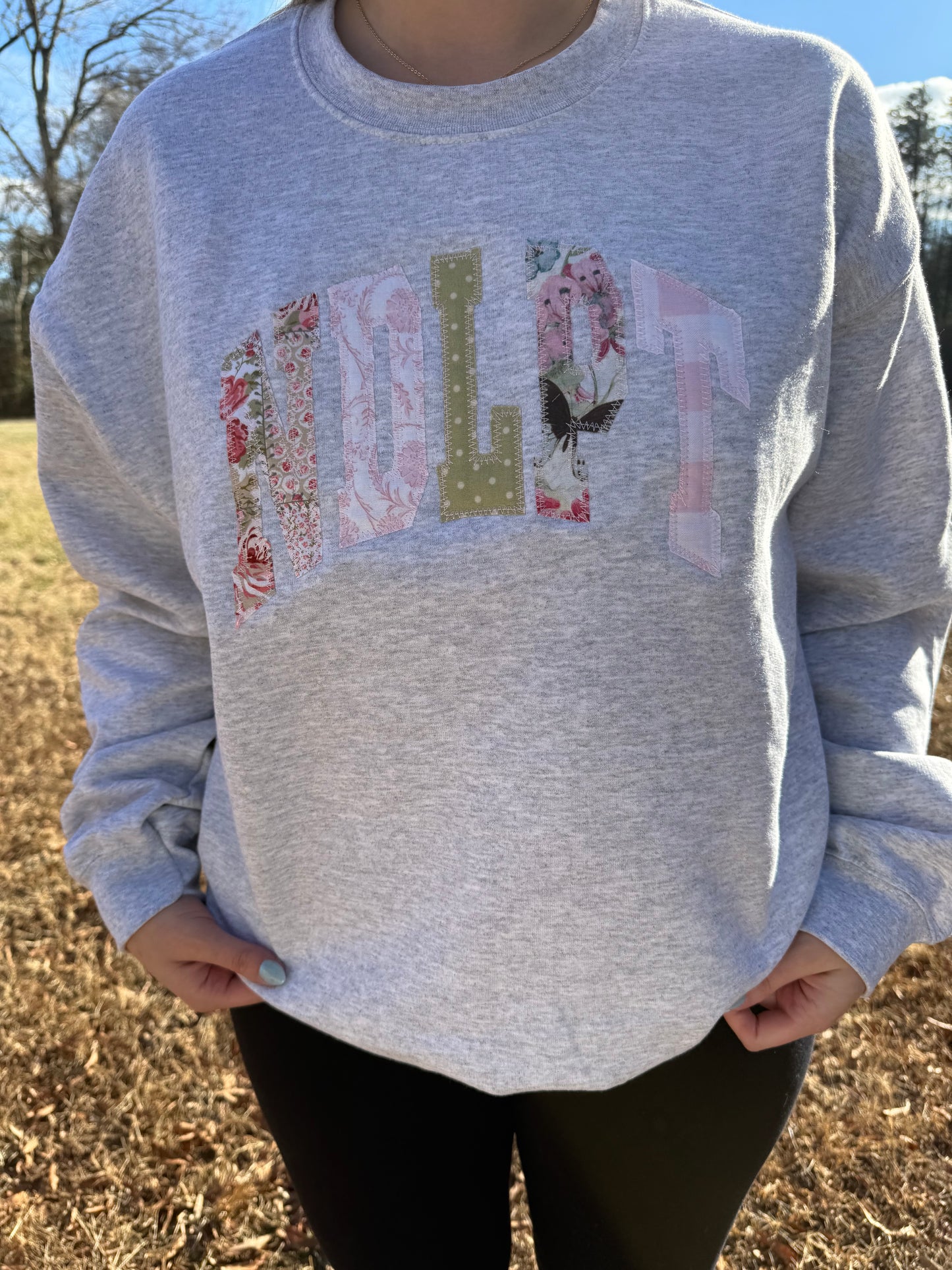 Pink & Green Appliqué Gray Crewneck