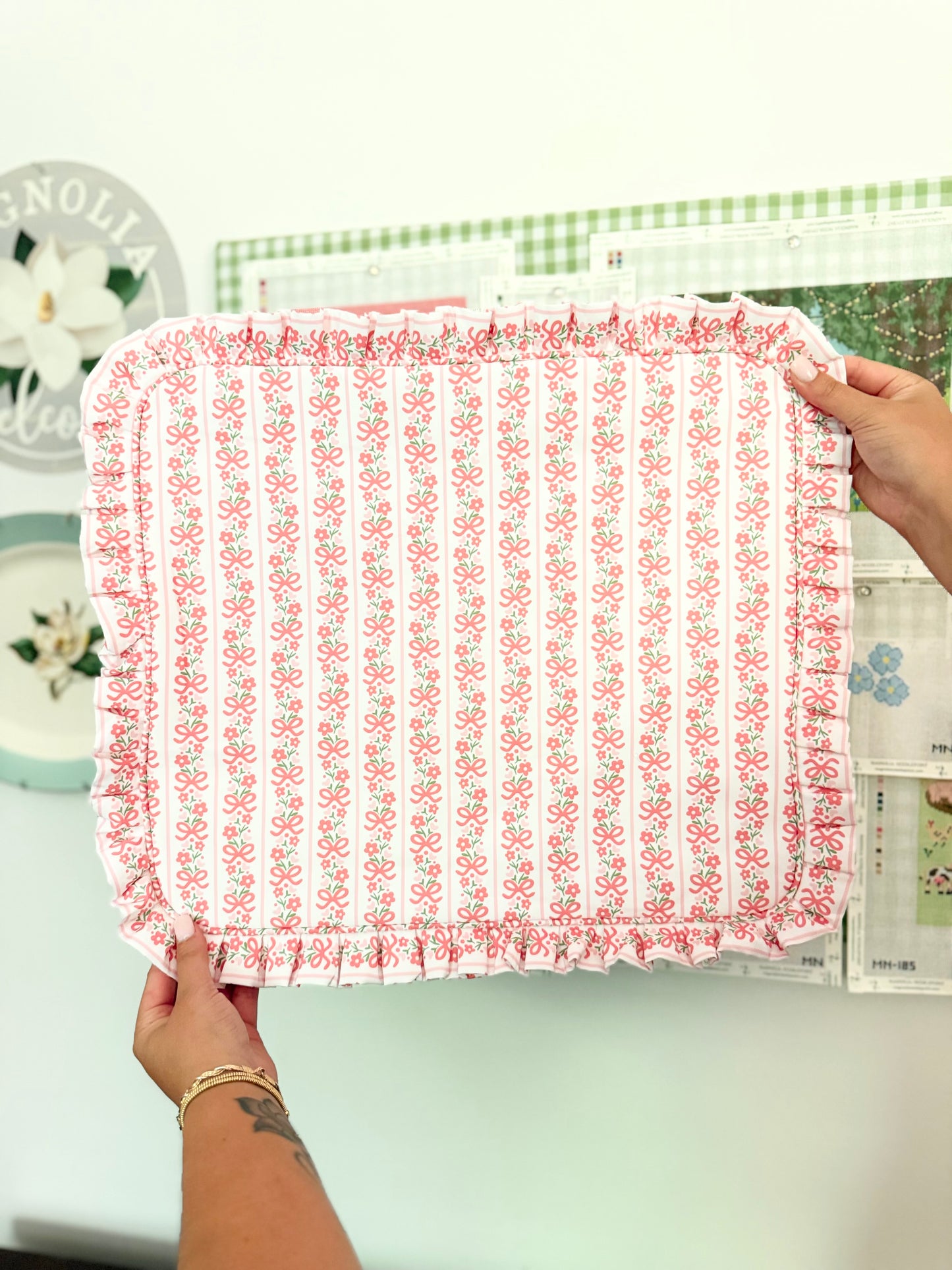 Pink Bow Floral Ruffle Carryall Project Bag