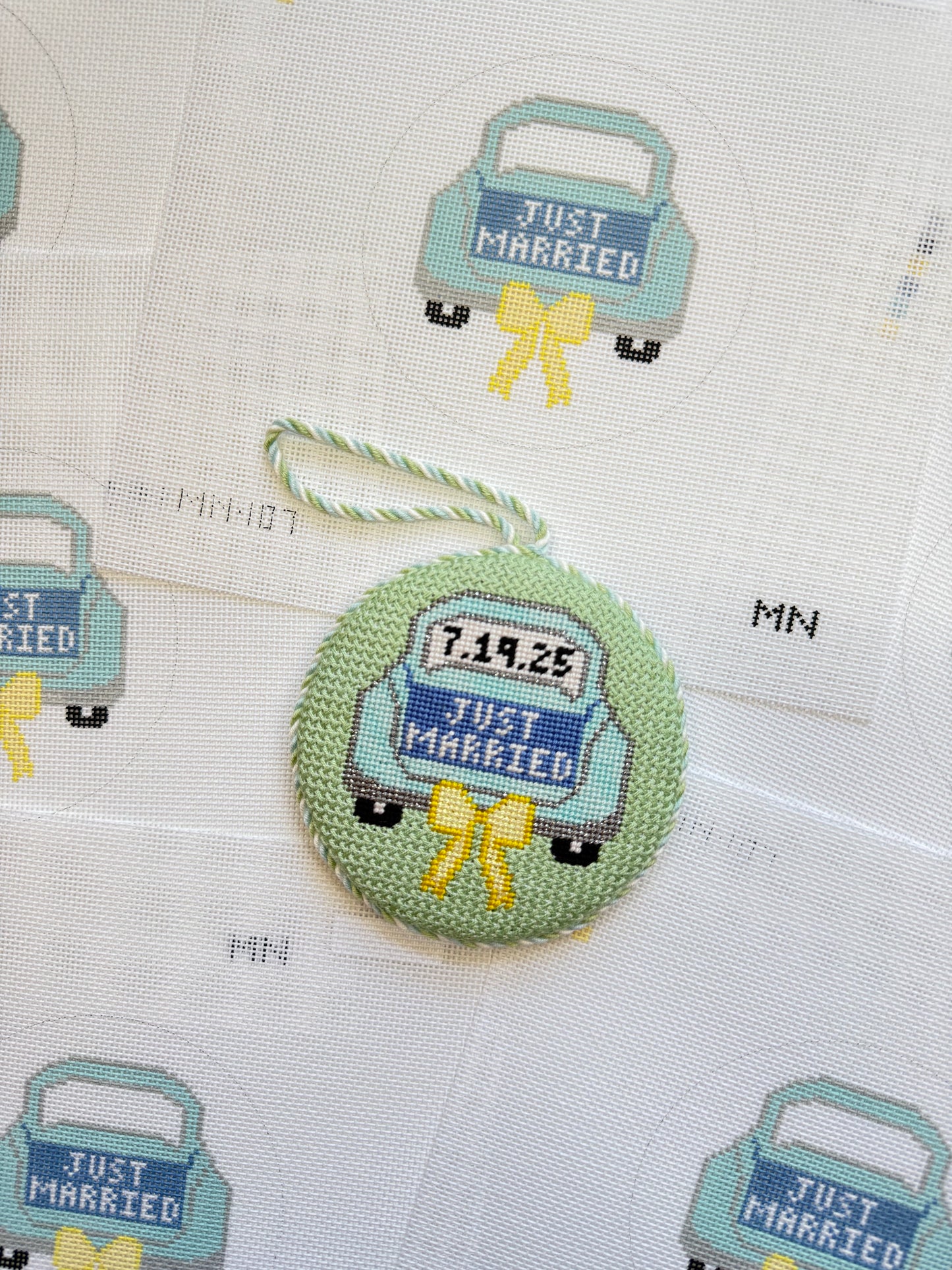 Just Married Teal Car Yellow Bow