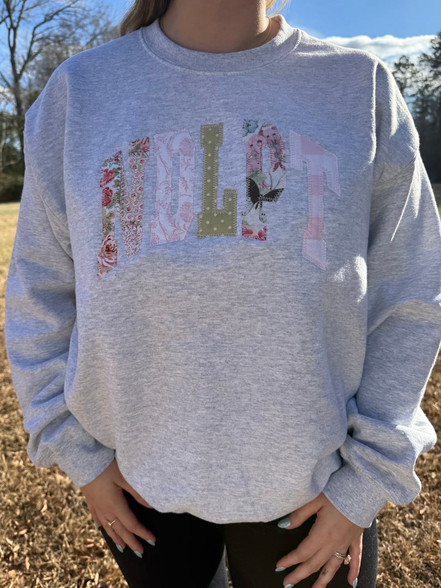 Pink & Green Appliqué Gray Crewneck