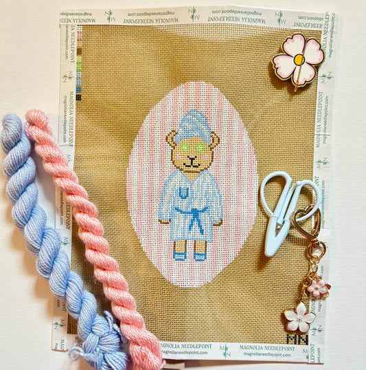 Spa Bear Blue Robe On Pink Stripes