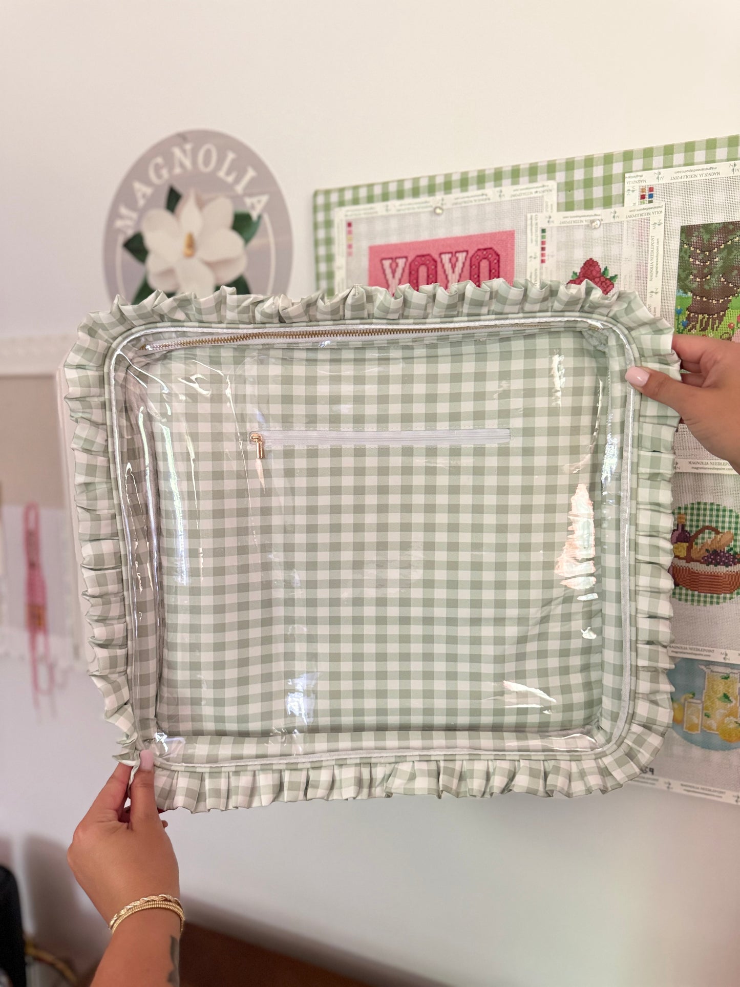 Sage Green Gingham Ruffle Carryall Project Bag