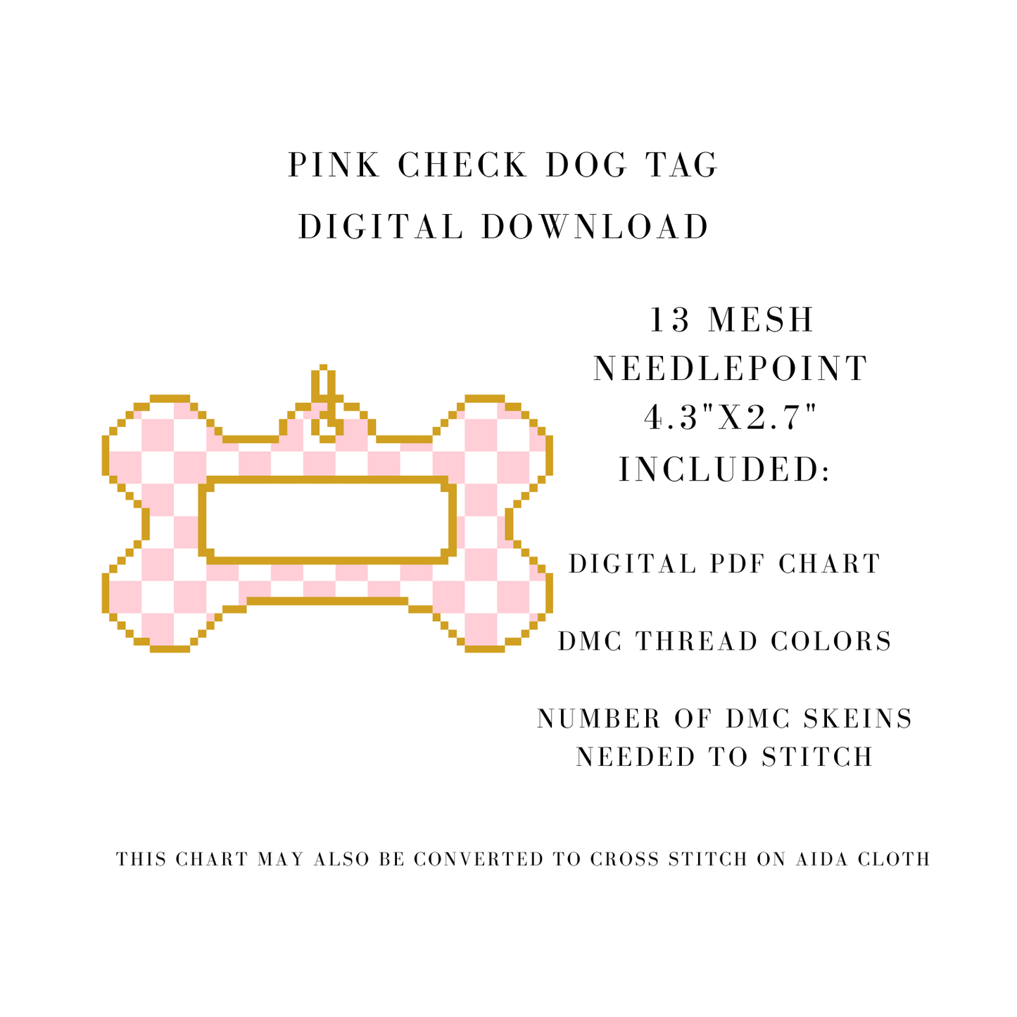 Pink Check Dog Tag Digital Download Needlepoint Chart