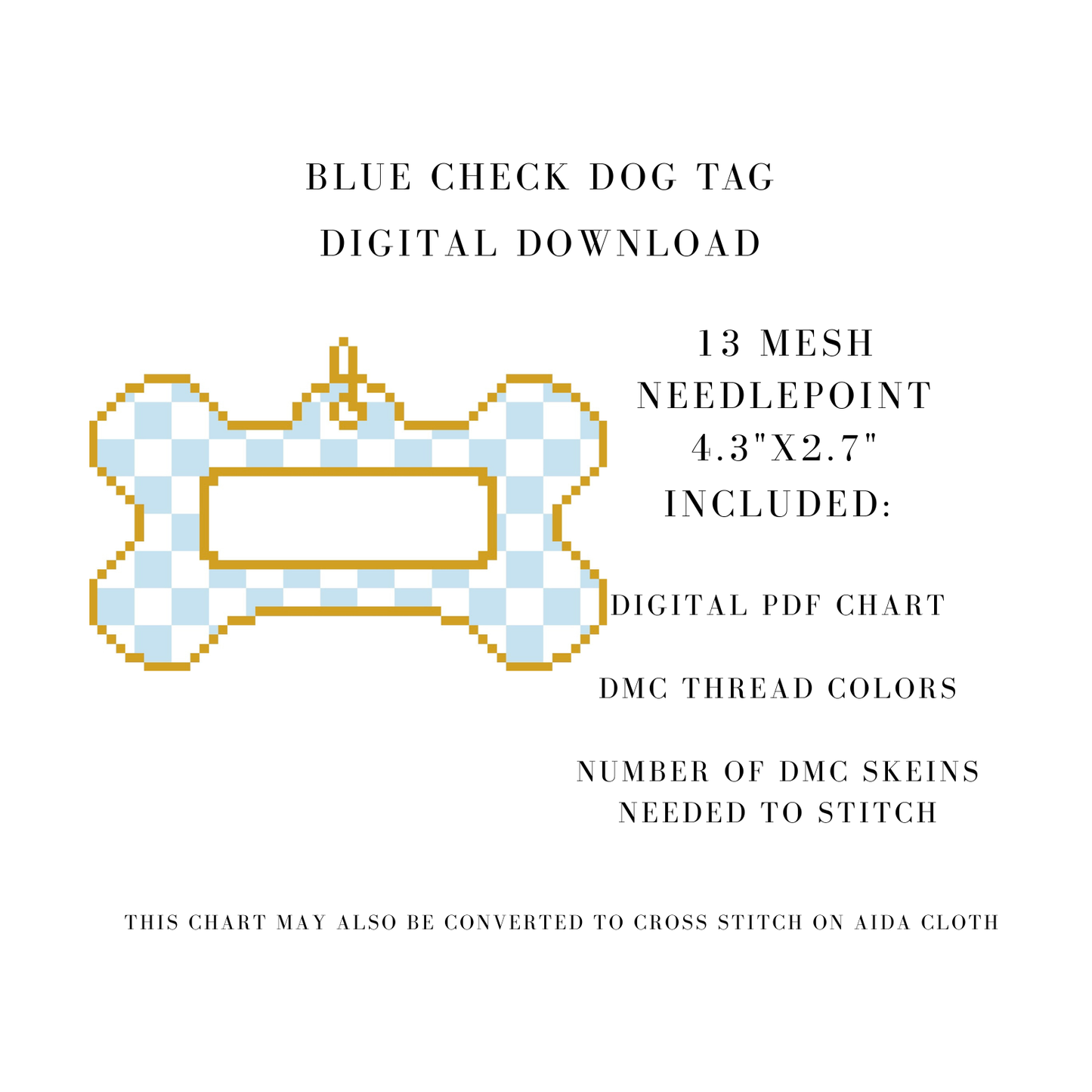 Blue Check Dog Tag Digital Download Needlepoint Chart