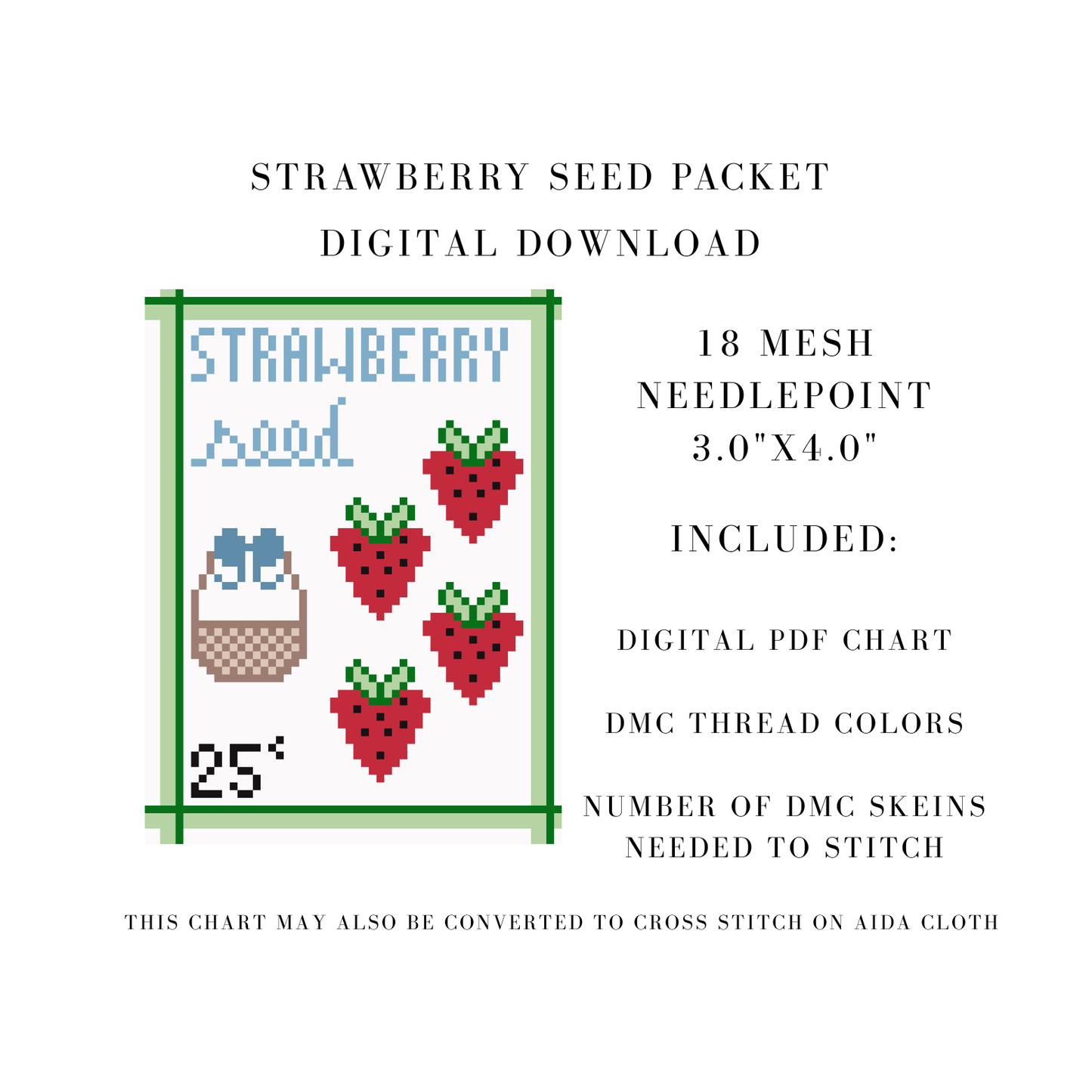 Strawberry Seed Packet Digital Download Needlepoint Chart