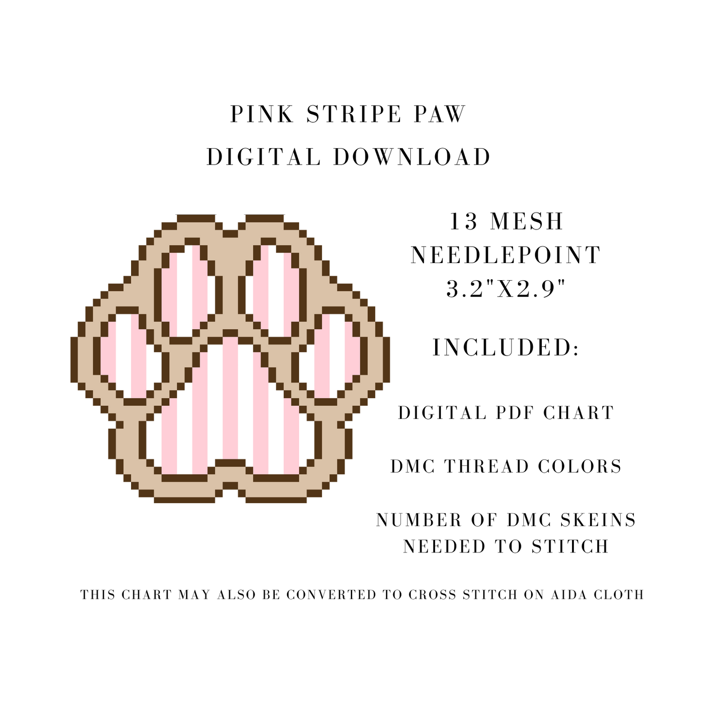 Pink Stripe Paw Digital Download Needlepoint Chart