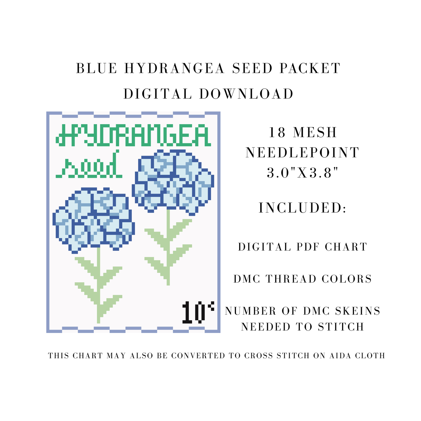Blue Hydrangea Seed Packet Digital Download Needlepoint Chart