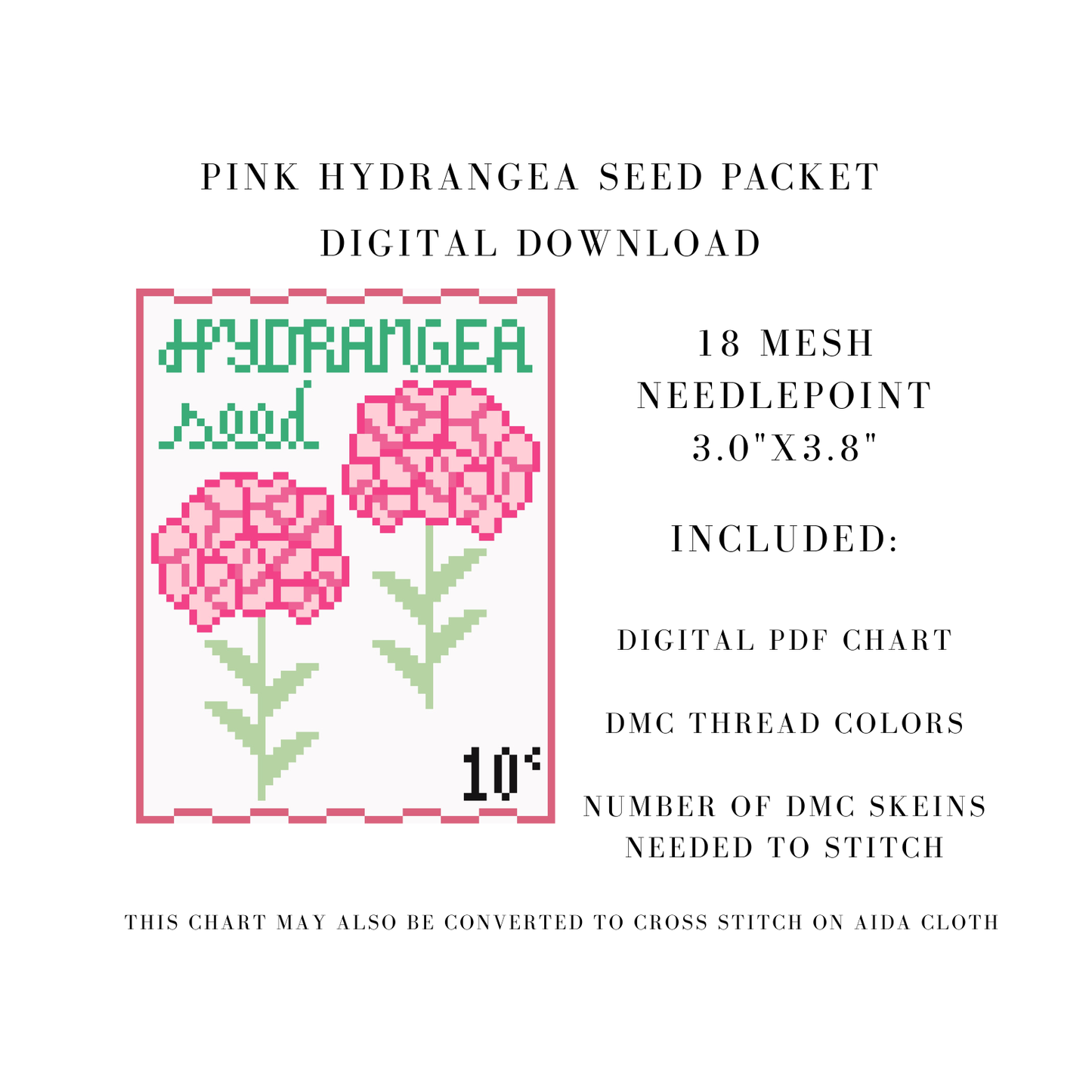 Pink Hydrangea Seed Packet Digital Download Needlepoint Chart