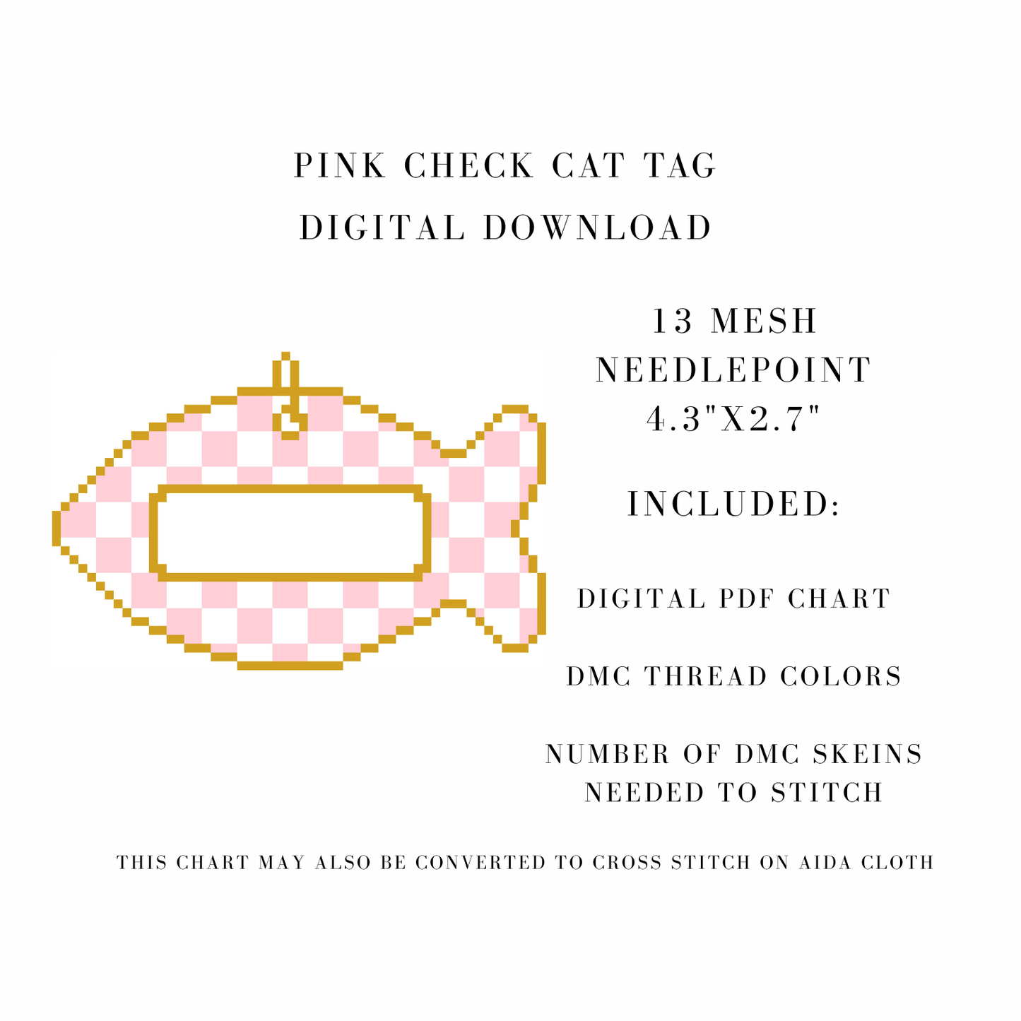 Pink Check Cat Tag Digital Download Needlepoint Chart