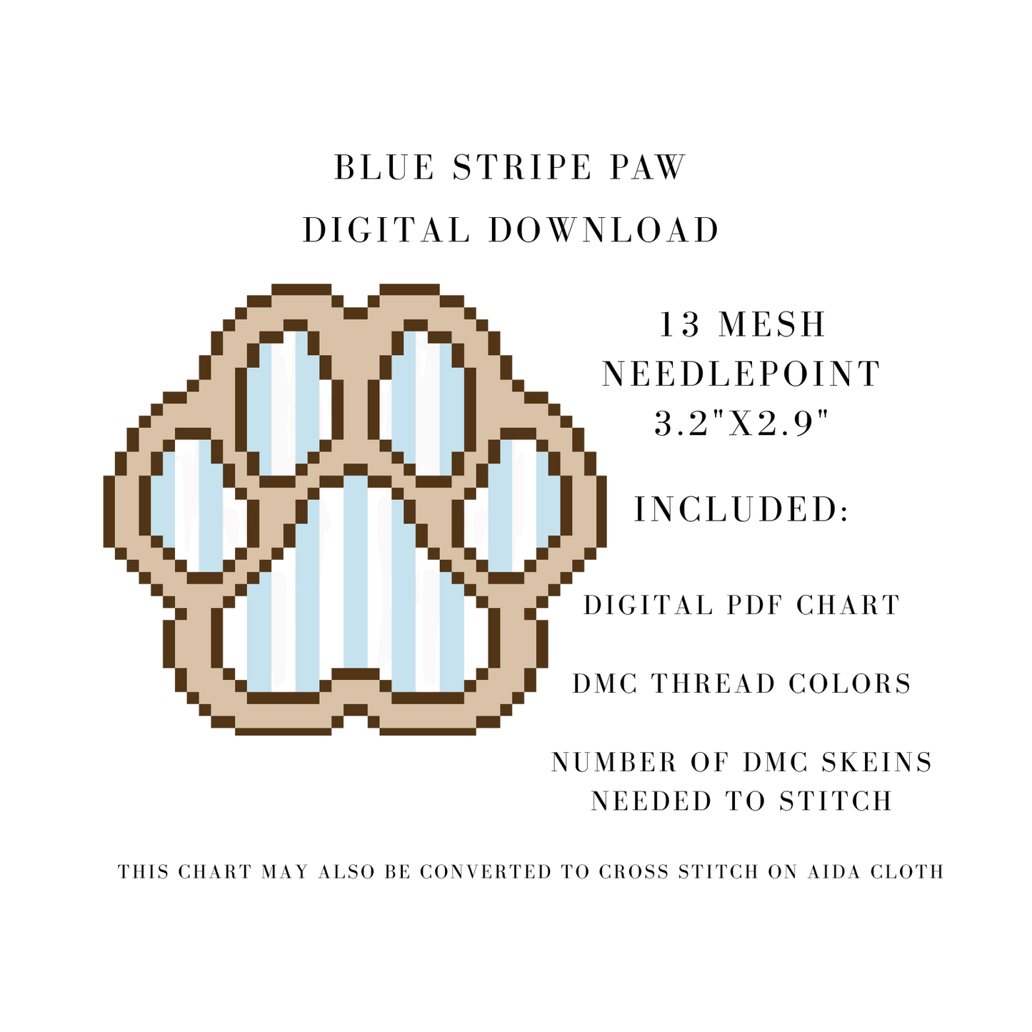 Blue Stripe Paw Digital Download Needlepoint Chart