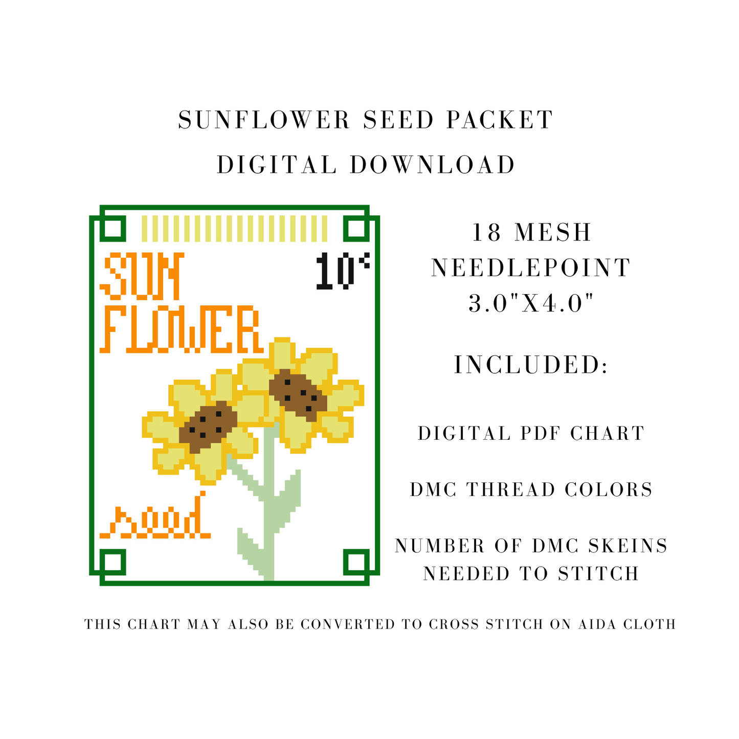 Sunflower Seed Packet Digital Download Needlepoint Chart