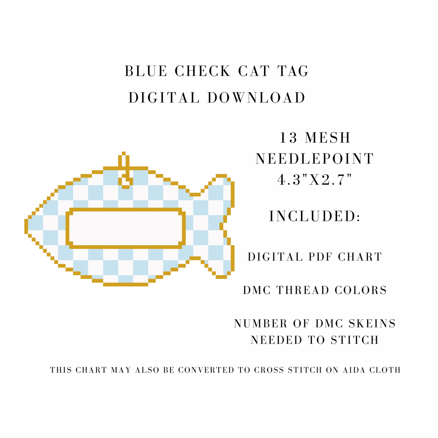 Blue Check Cat Tag Digital Download Needlepoint Chart