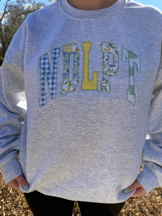 Cool Tone Blues Appliqué Gray Crewneck