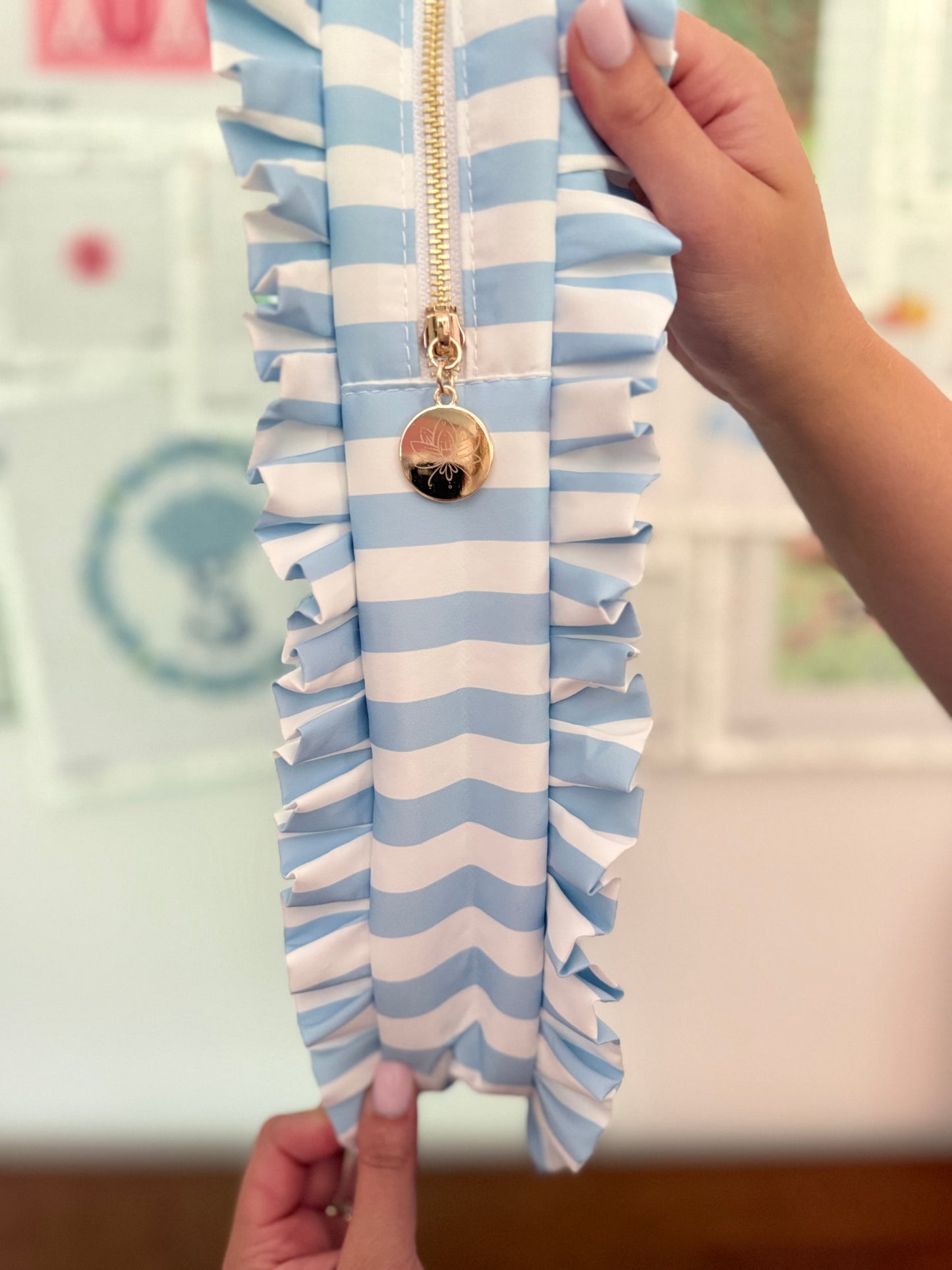 Light Blue Stripe Ruffle Carryall Project Bag