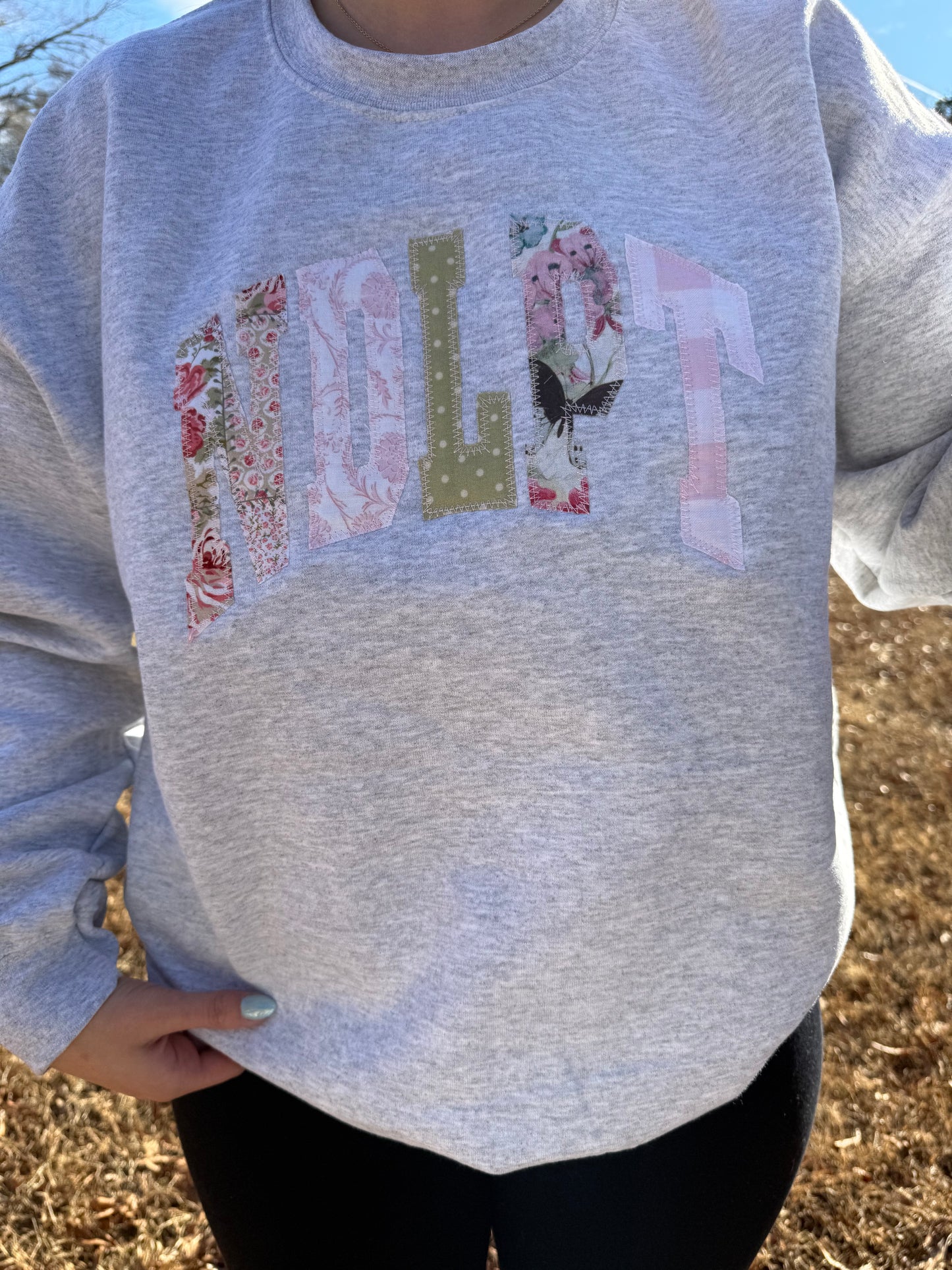 Pink & Green Appliqué Gray Crewneck