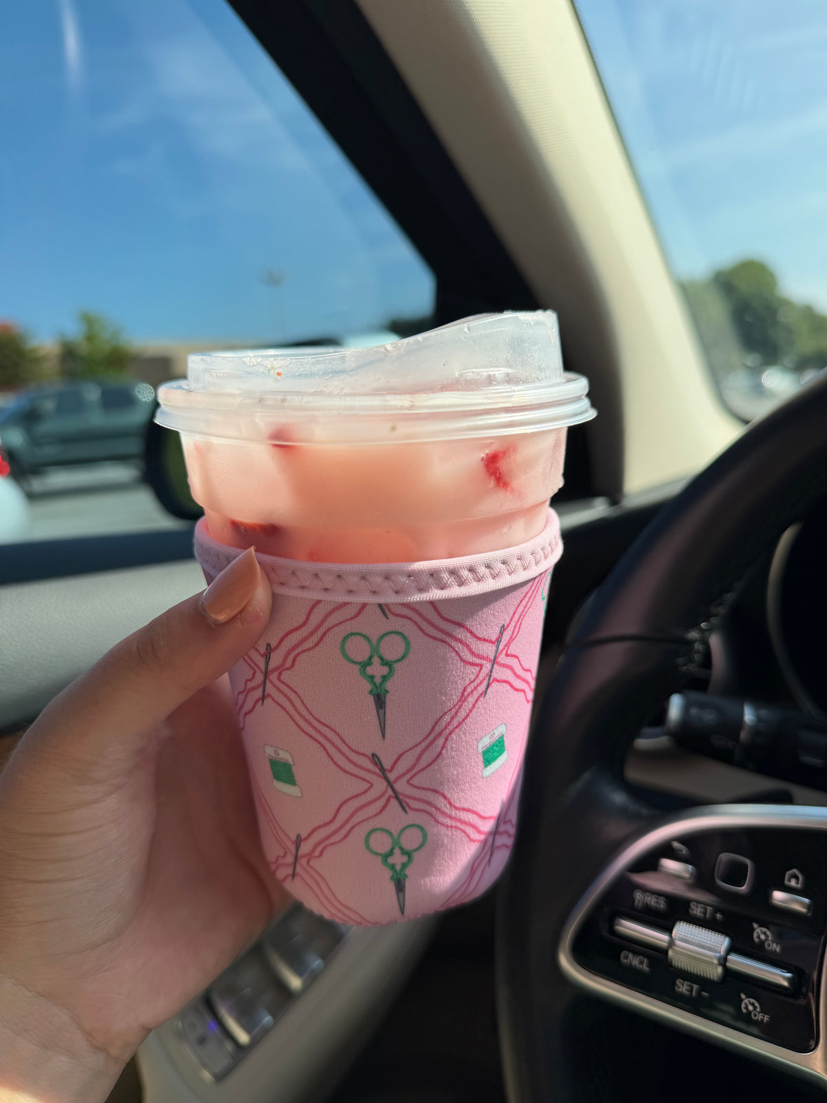 Pink & Green Notion Pattern Cup Sleeve Koozie