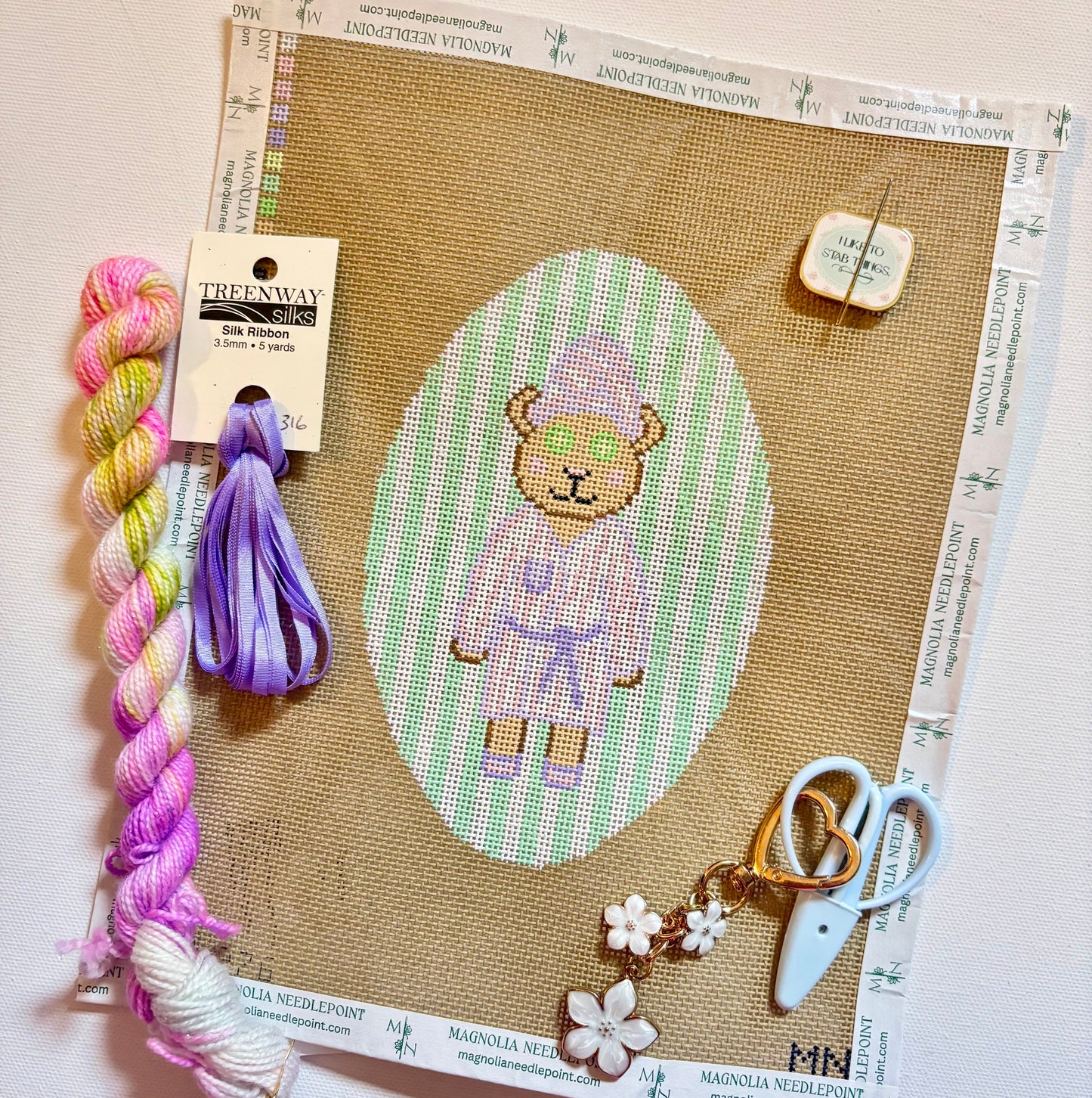 Spa Bear Purple Robe On Green Stripes