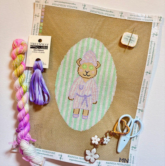 Spa Bear Purple Robe On Green Stripes