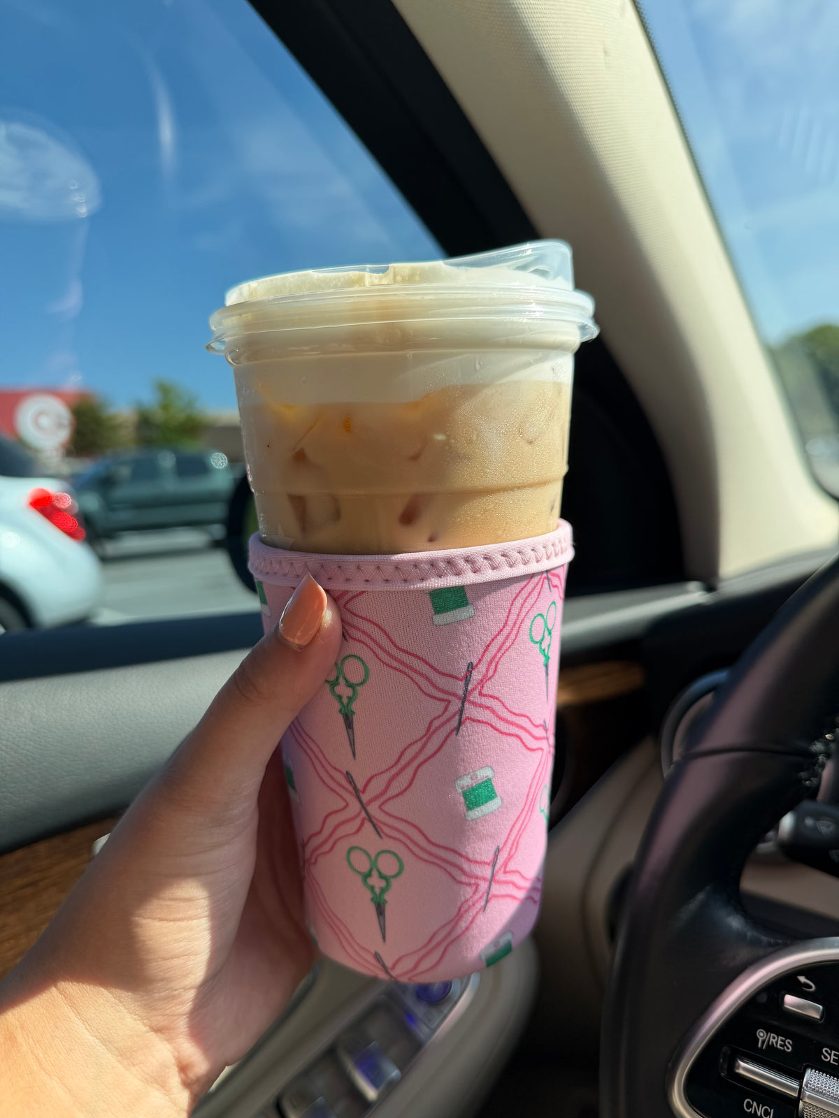Pink & Green Notion Pattern Cup Sleeve Koozie