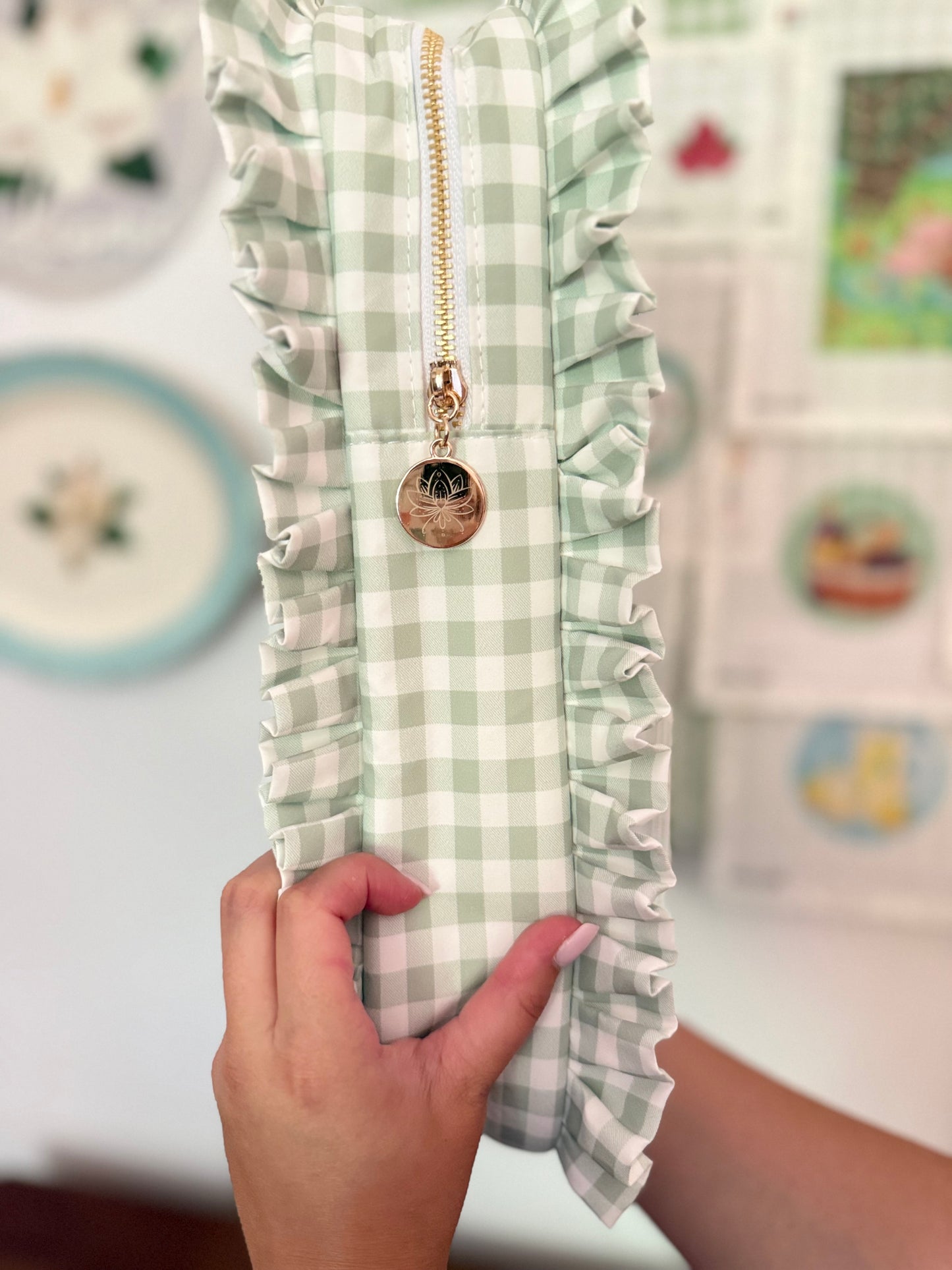 Sage Green Gingham Ruffle Carryall Project Bag