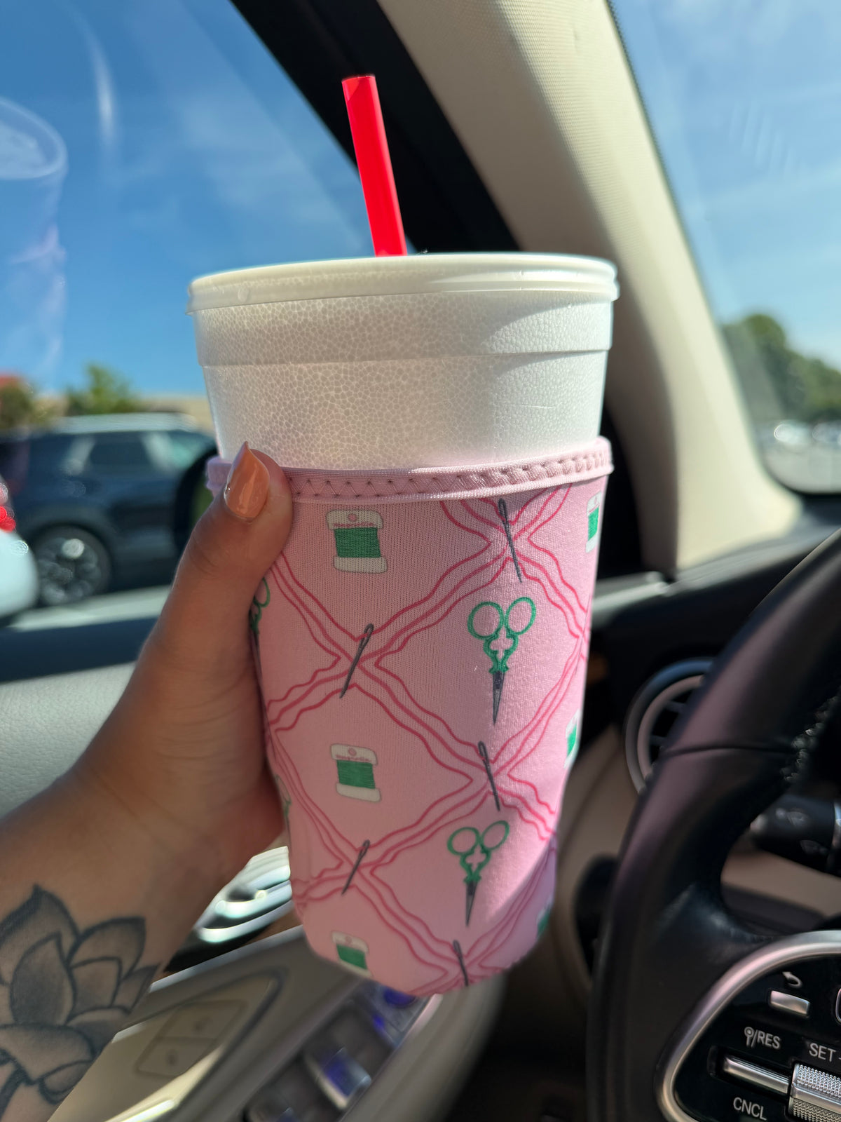 Pink & Green Notion Pattern Cup Sleeve Koozie