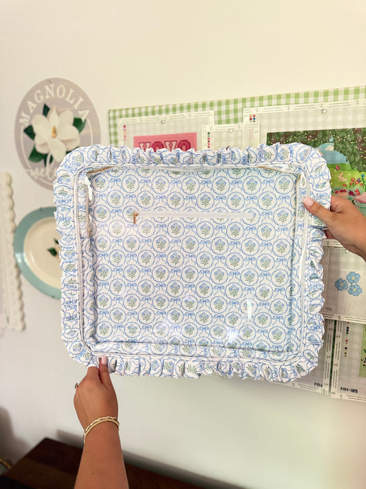 Preorder - Blue Scallop Floral Hydrangea Ruffle Carryall Project Bag