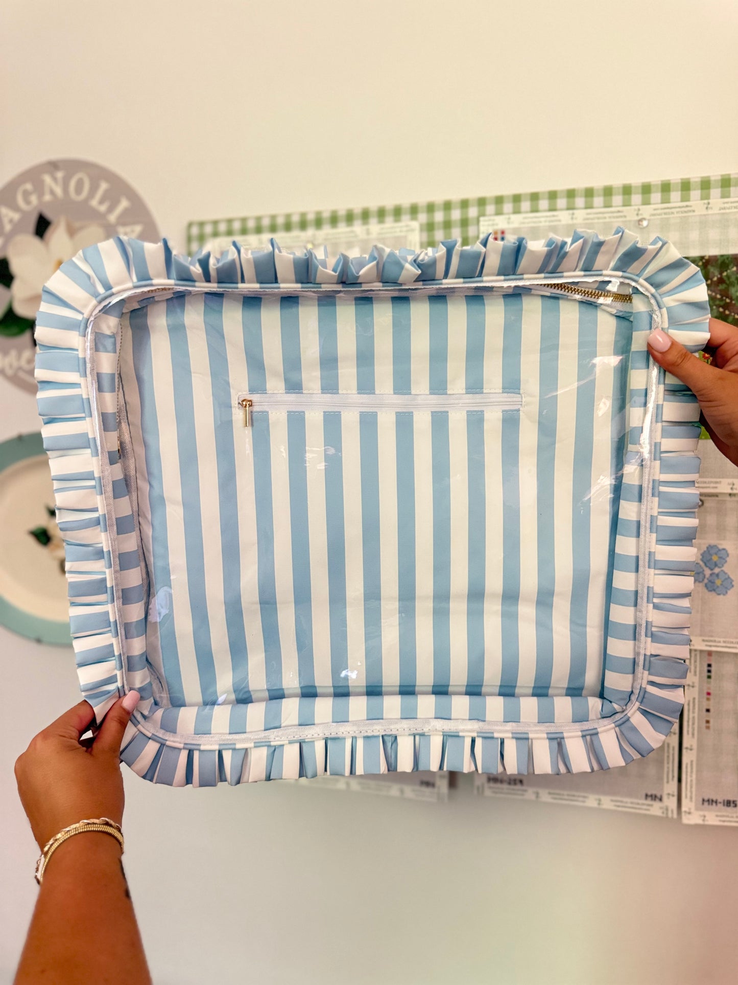 Light Blue Stripe Ruffle Carryall Project Bag