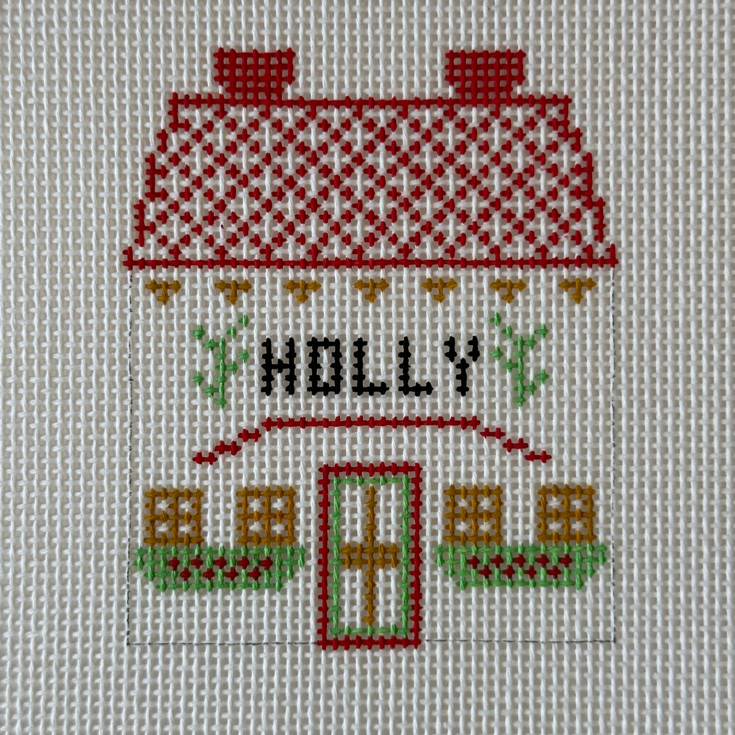 Holly Village House Hand Painted Needlepoint Canvas