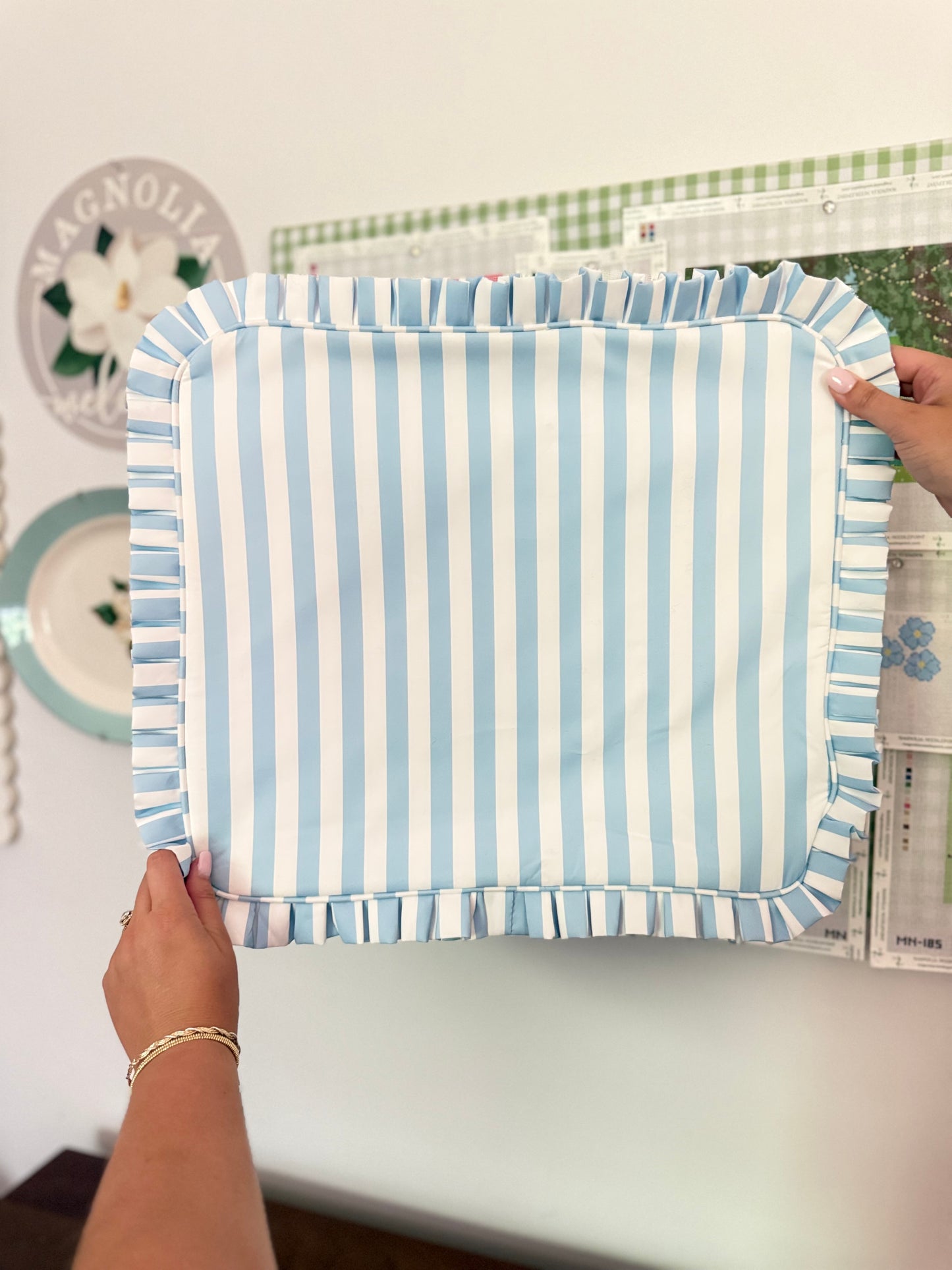 Light Blue Stripe Ruffle Carryall Project Bag