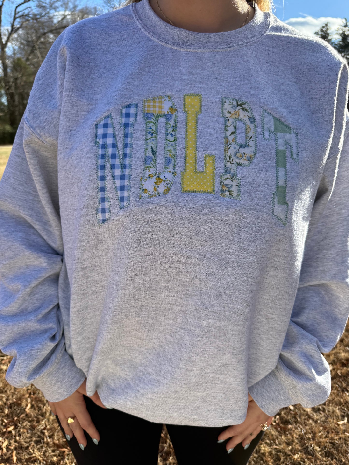 Cool Tone Blues Appliqué Gray Crewneck