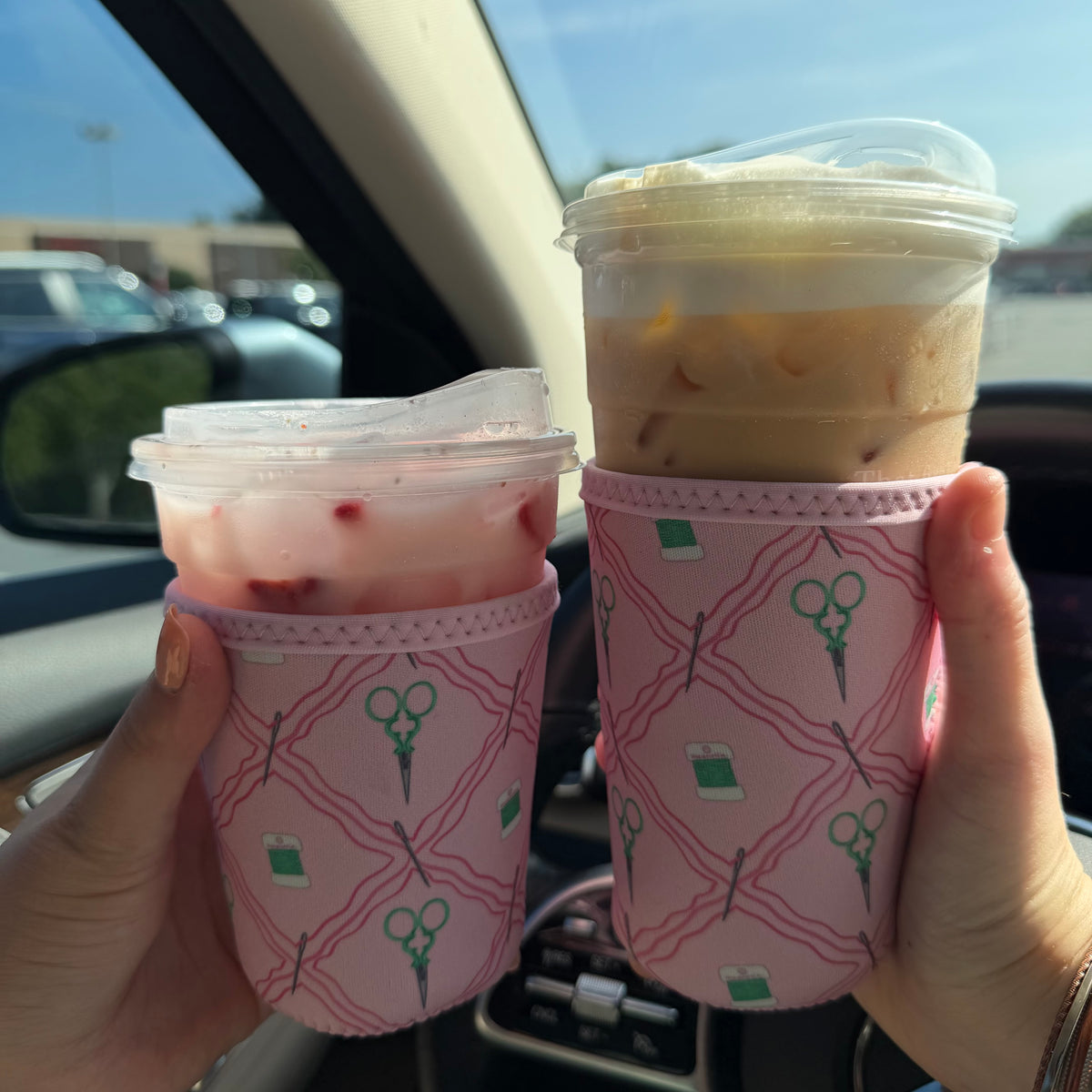Pink & Green Notion Pattern Cup Sleeve Koozie