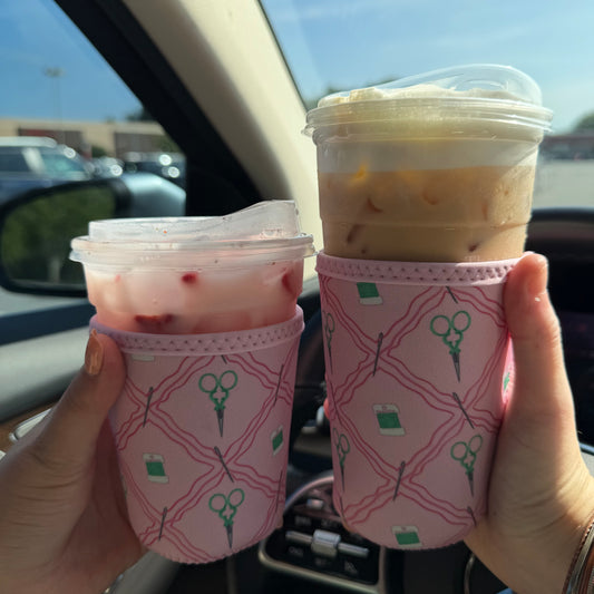 Pink & Green Notion Pattern Cup Sleeve Koozie