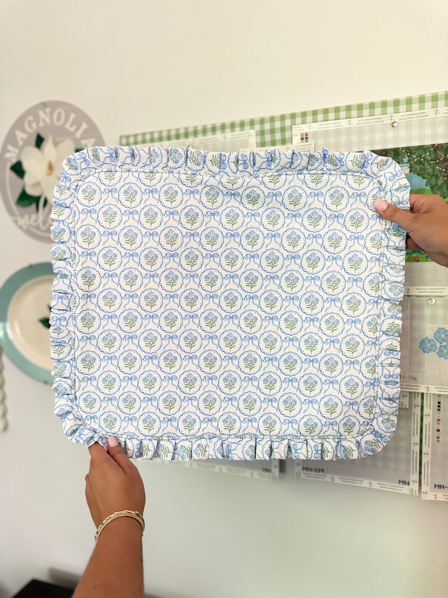 Blue Scallop Floral Hydrangea Ruffle Carryall Project Bag