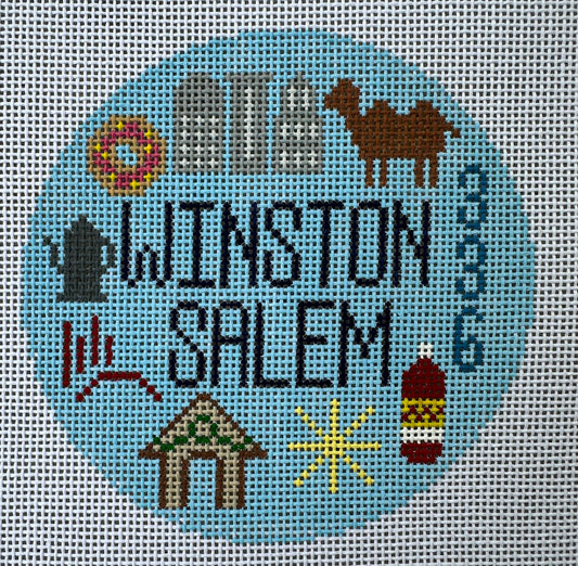 Winston Salem NC Travel Round Needlepoint Canvas 4” Round Hand Painted on 18 Count Mesh