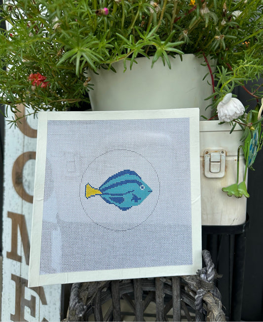 Blue Tang Fish Dory Needlepoint Canvas 4” Round Hand Painted on 18 Count Mesh