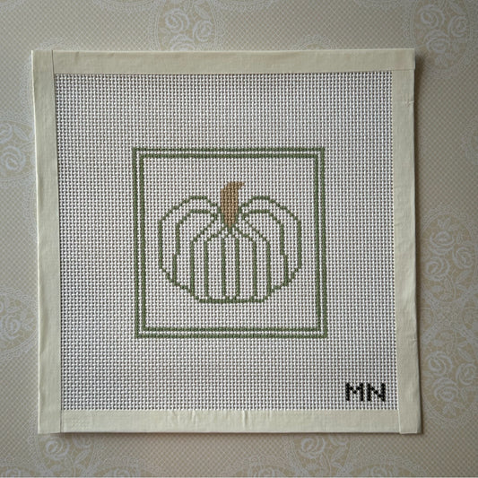 Green Pumpkin 4” Square Hand Painted Needlepoint Canvas on 13 Count Canvas